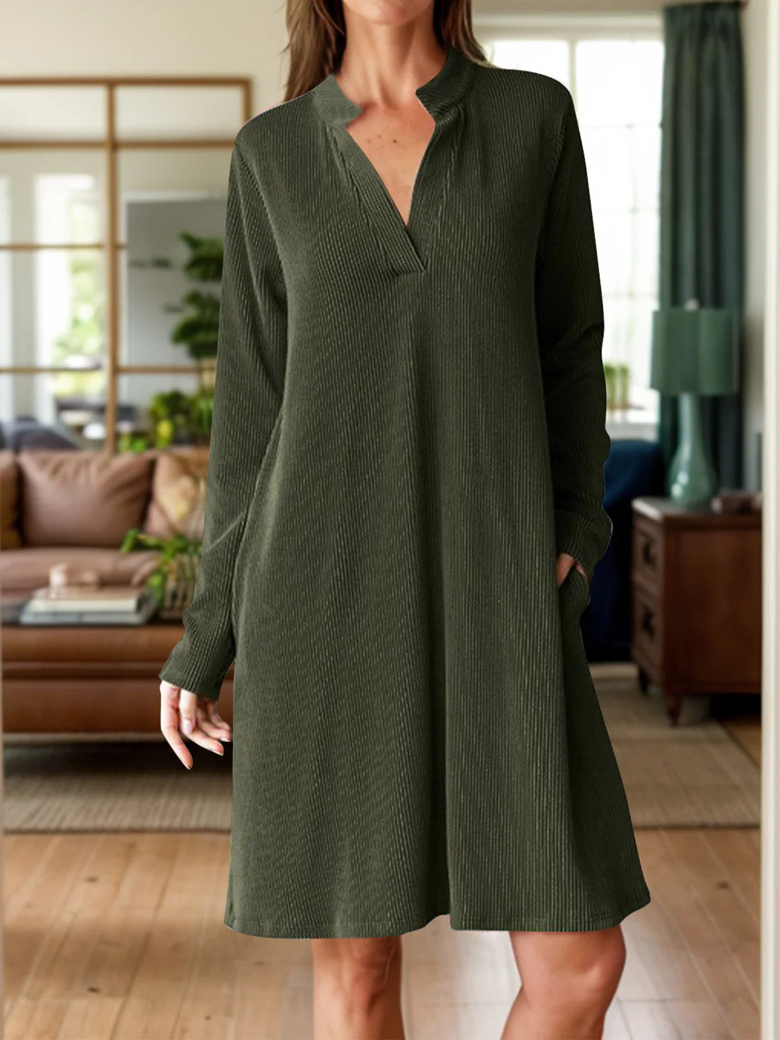 Notched Long Sleeve Mini Dress with Pockets - Image 10