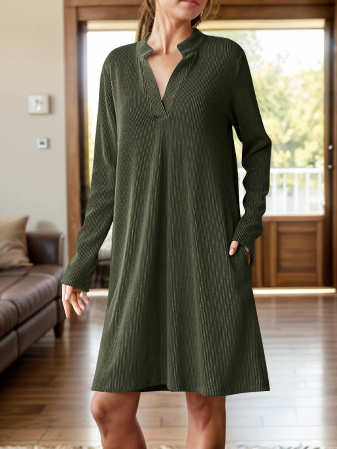 Notched Long Sleeve Mini Dress with Pockets - Image 11