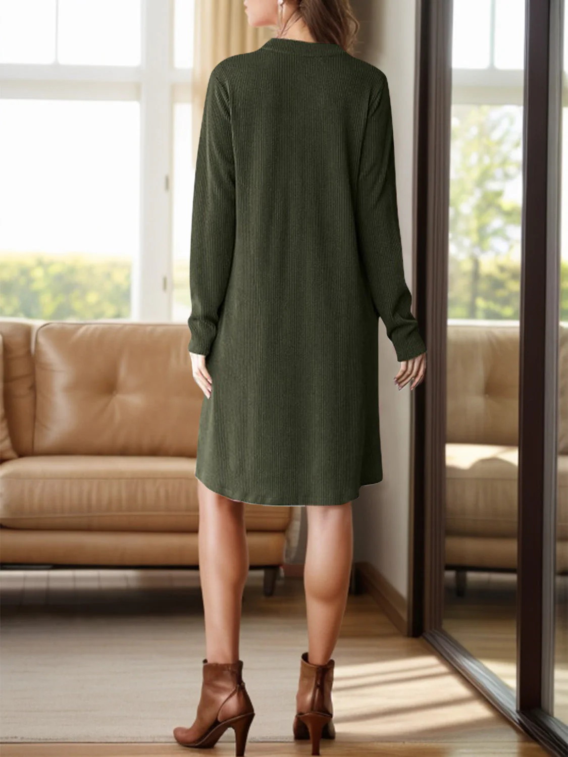 Notched Long Sleeve Mini Dress with Pockets - Image 12