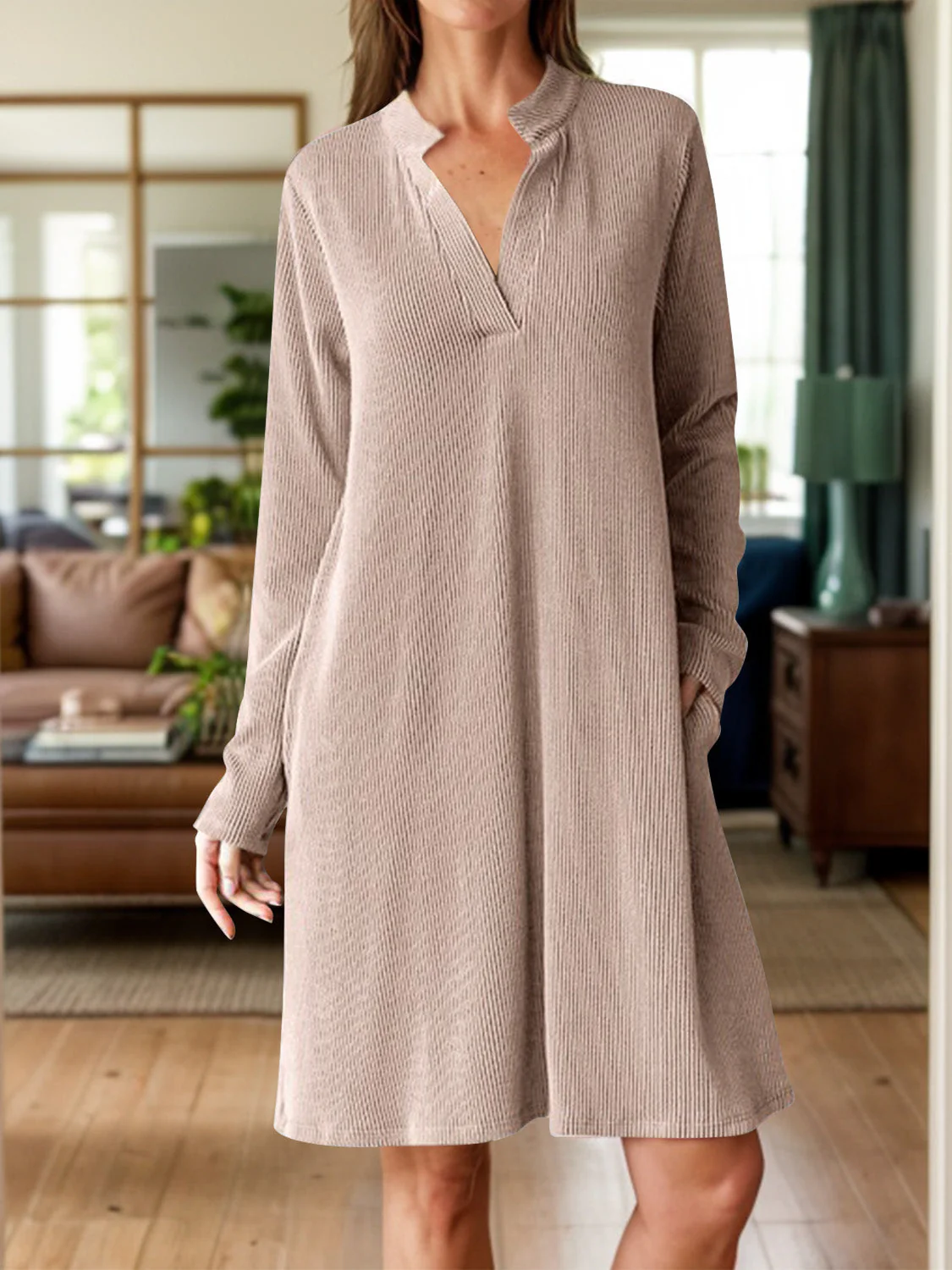 Notched Long Sleeve Mini Dress with Pockets - Image 13