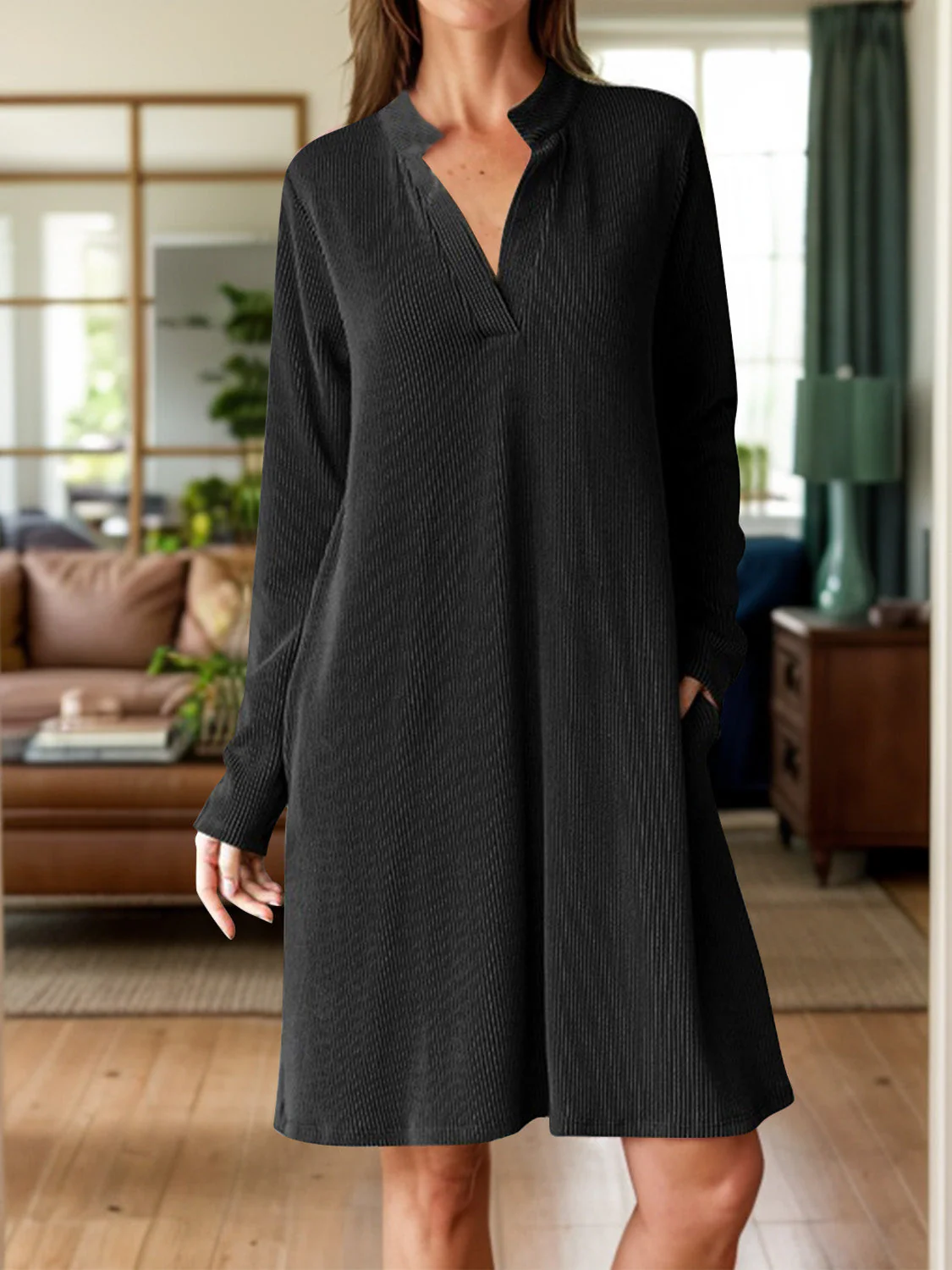 Notched Long Sleeve Mini Dress with Pockets - Image 16