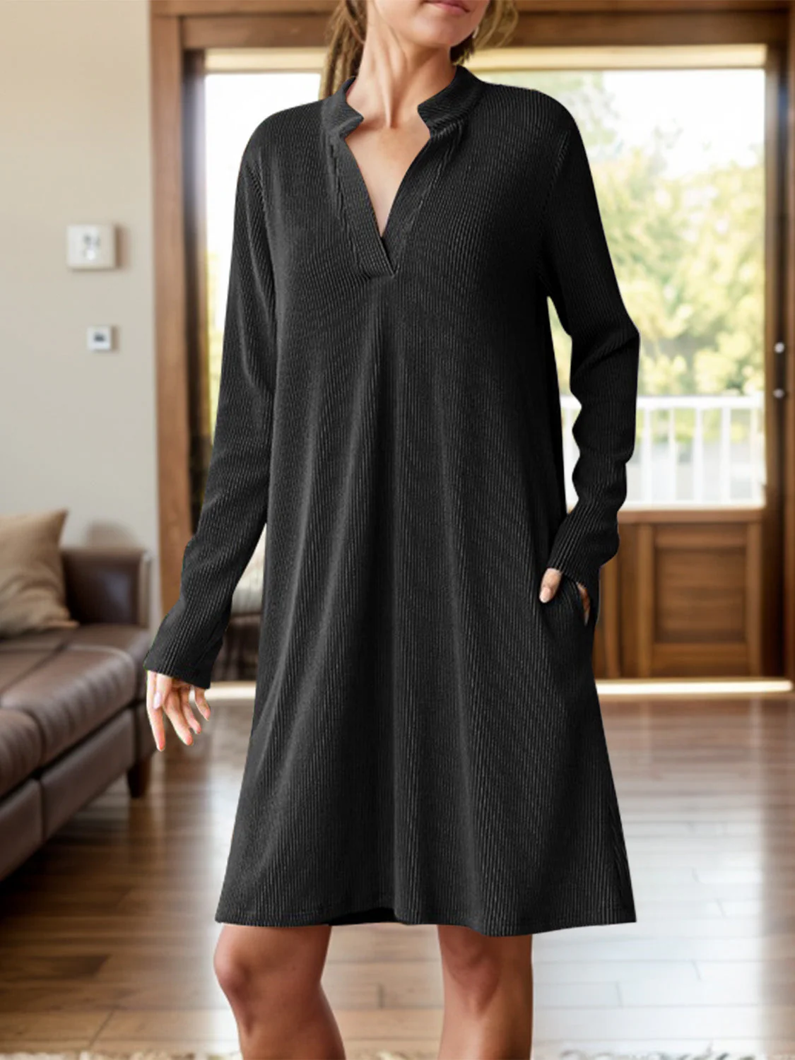 Notched Long Sleeve Mini Dress with Pockets - Image 18