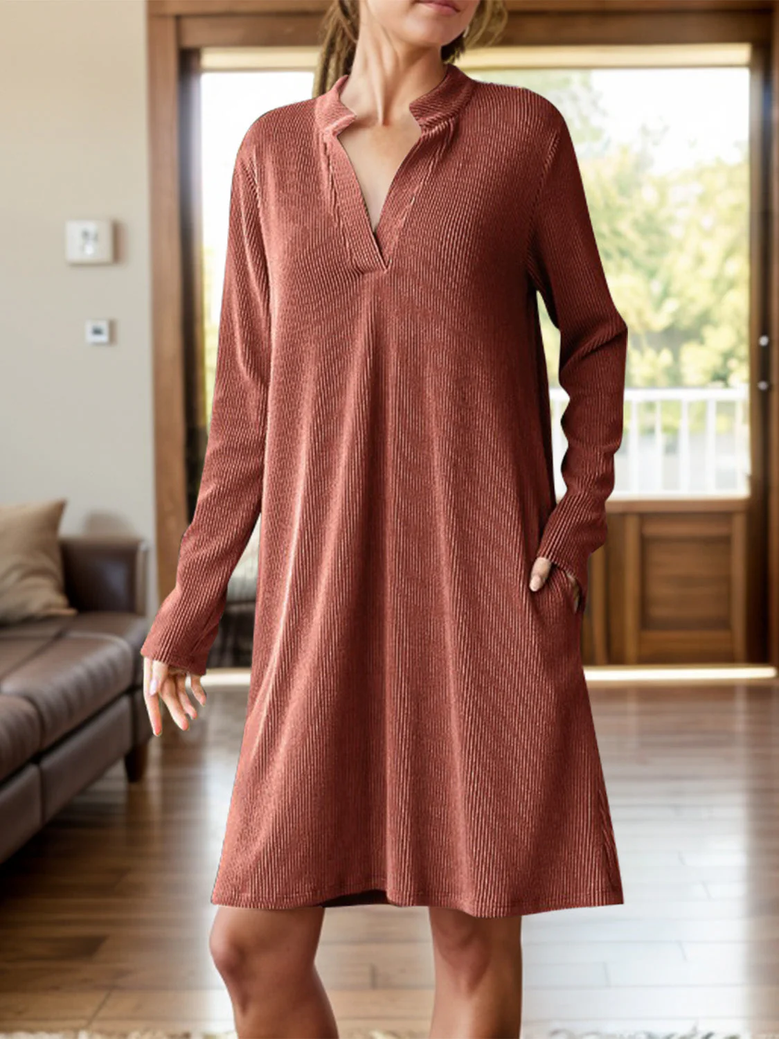 Notched Long Sleeve Mini Dress with Pockets - Image 2