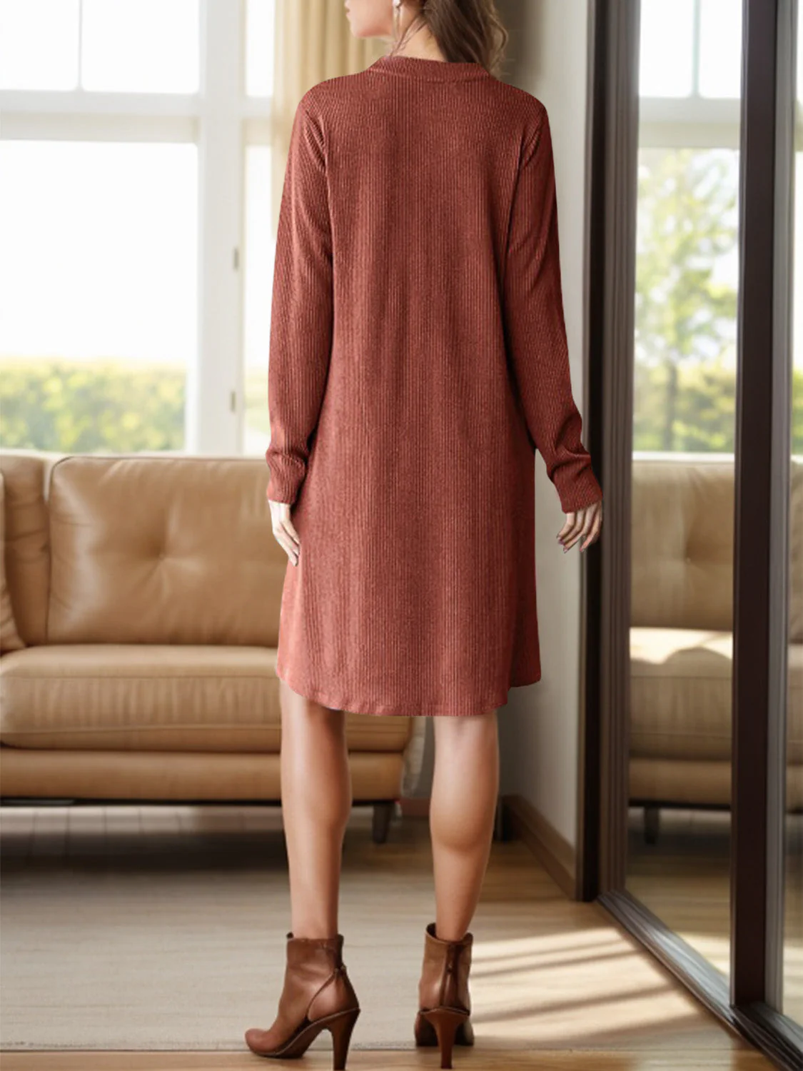 Notched Long Sleeve Mini Dress with Pockets - Image 3