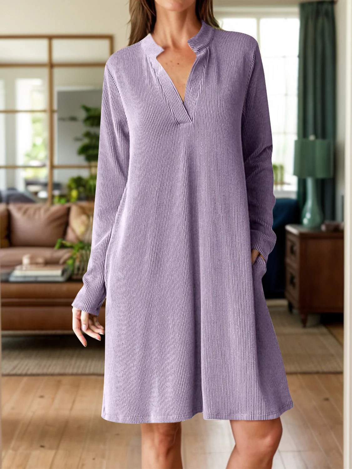 Notched Long Sleeve Mini Dress with Pockets - Image 7