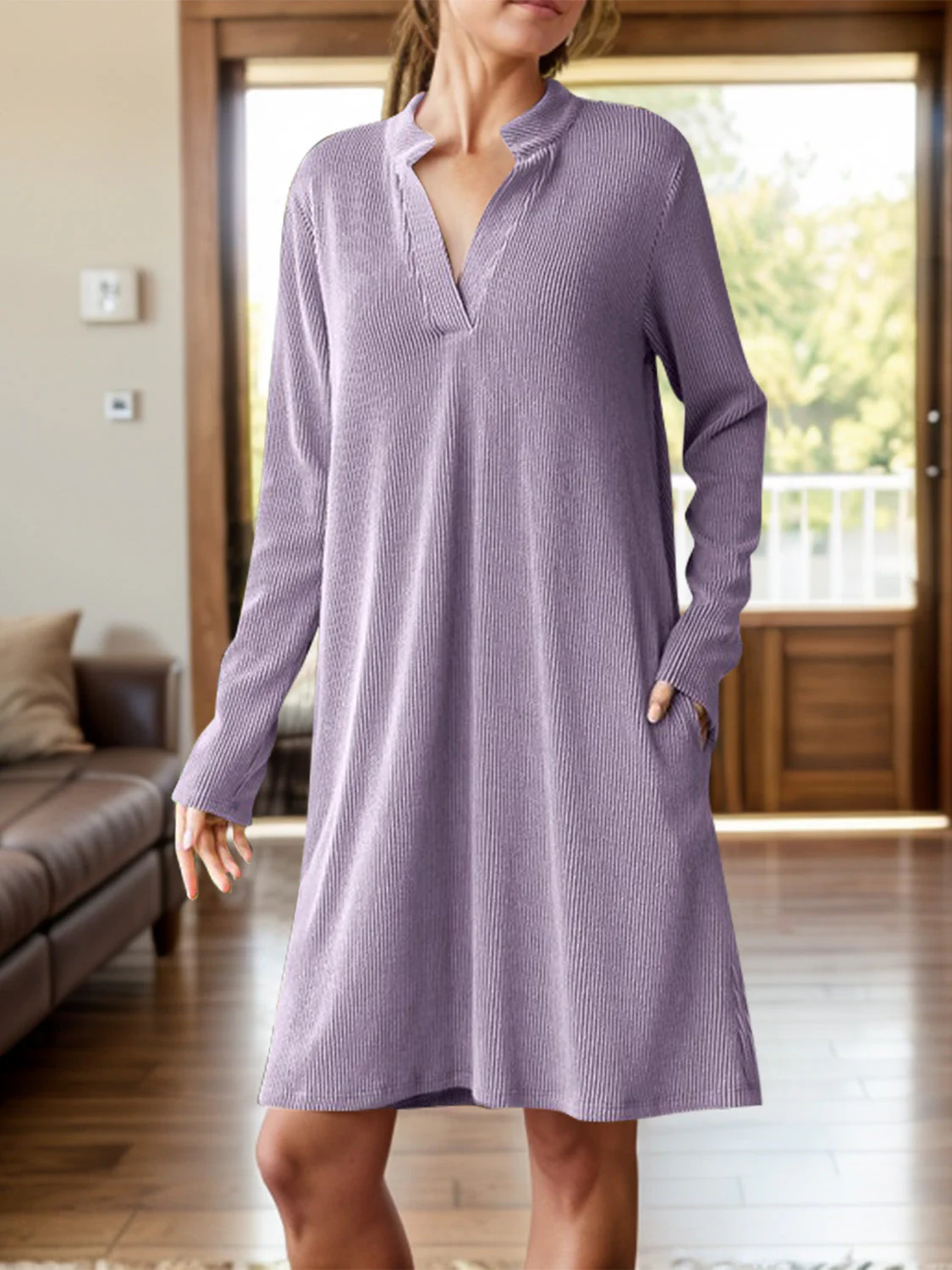 Notched Long Sleeve Mini Dress with Pockets - Image 8