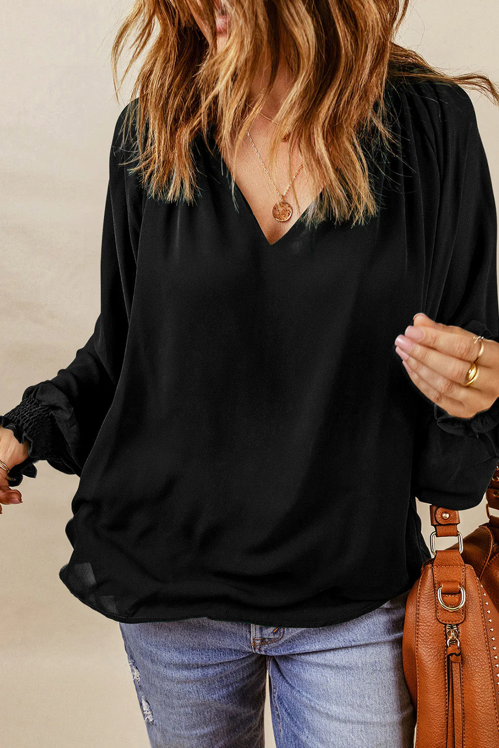 Notched Neck Lantern Sleeve Blouse - Image 10