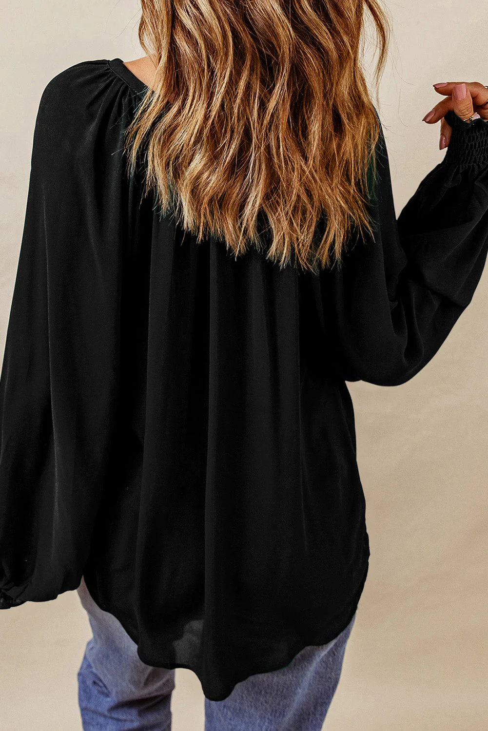 Notched Neck Lantern Sleeve Blouse - Image 12
