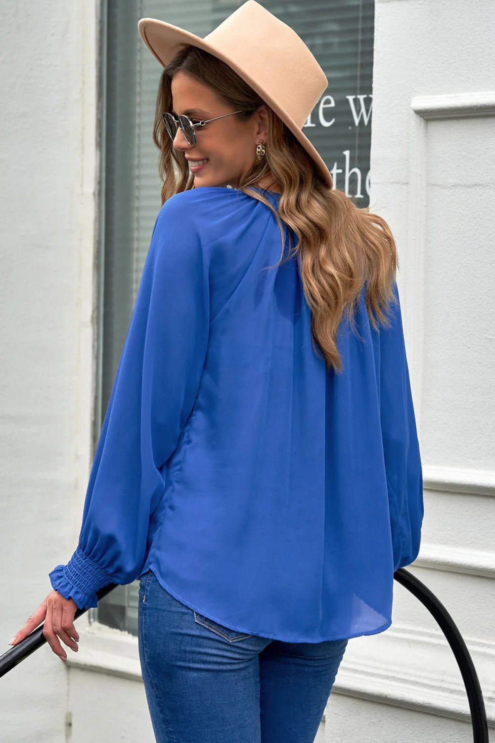 Notched Neck Lantern Sleeve Blouse - Image 16