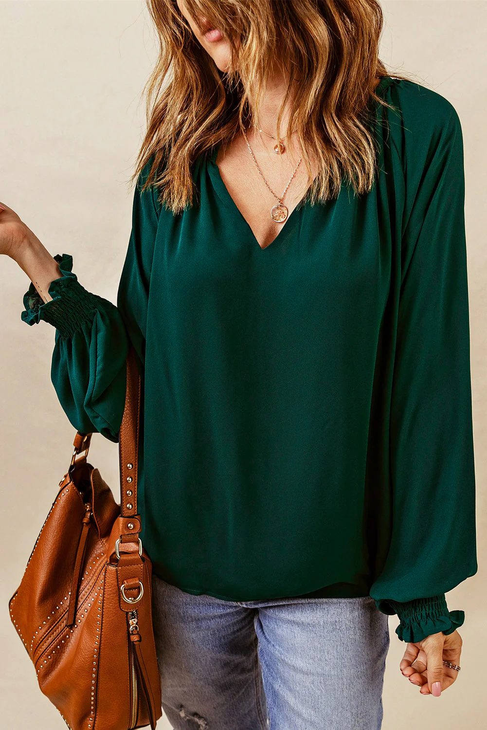 Notched Neck Lantern Sleeve Blouse - Image 18