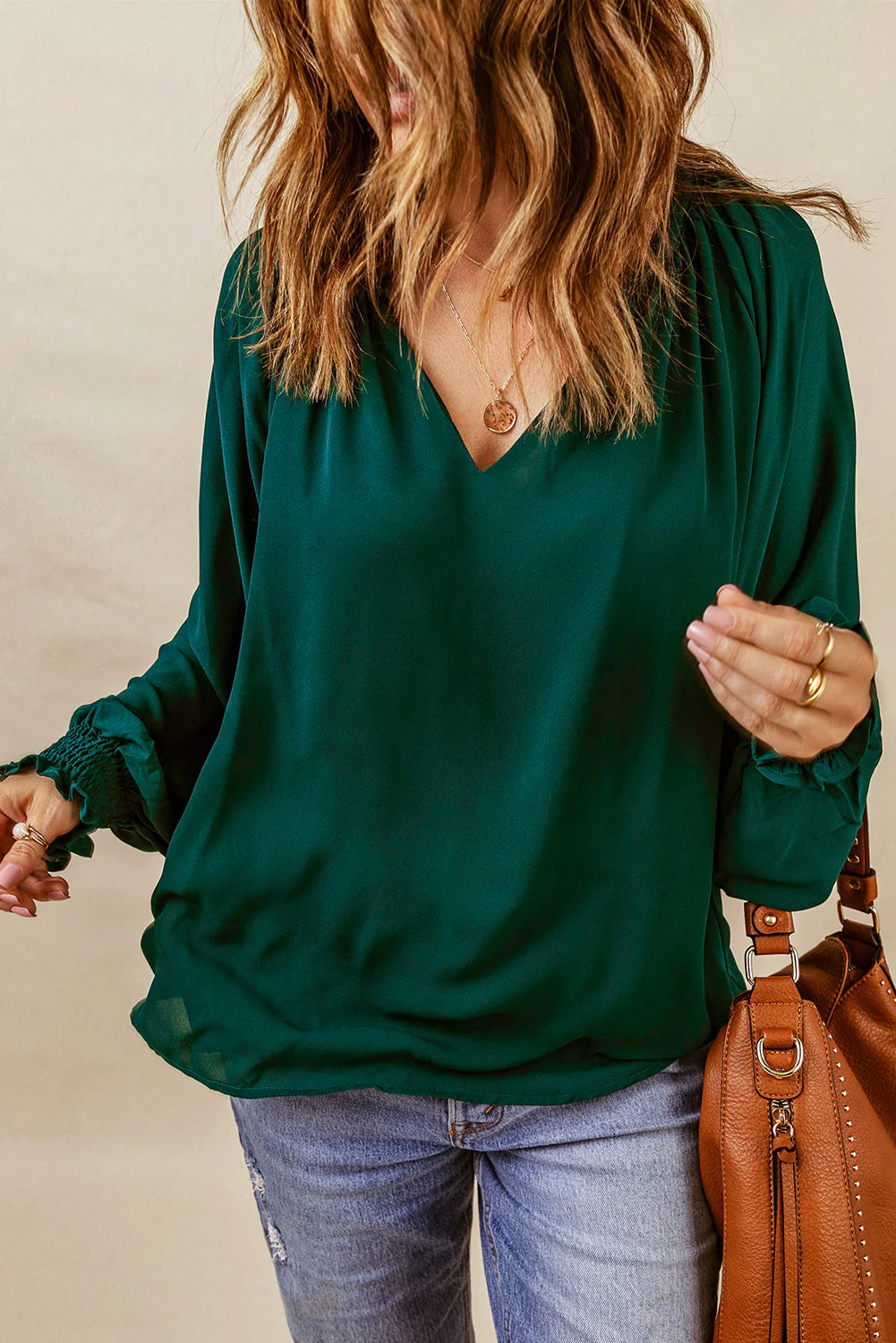 Notched Neck Lantern Sleeve Blouse - Image 20