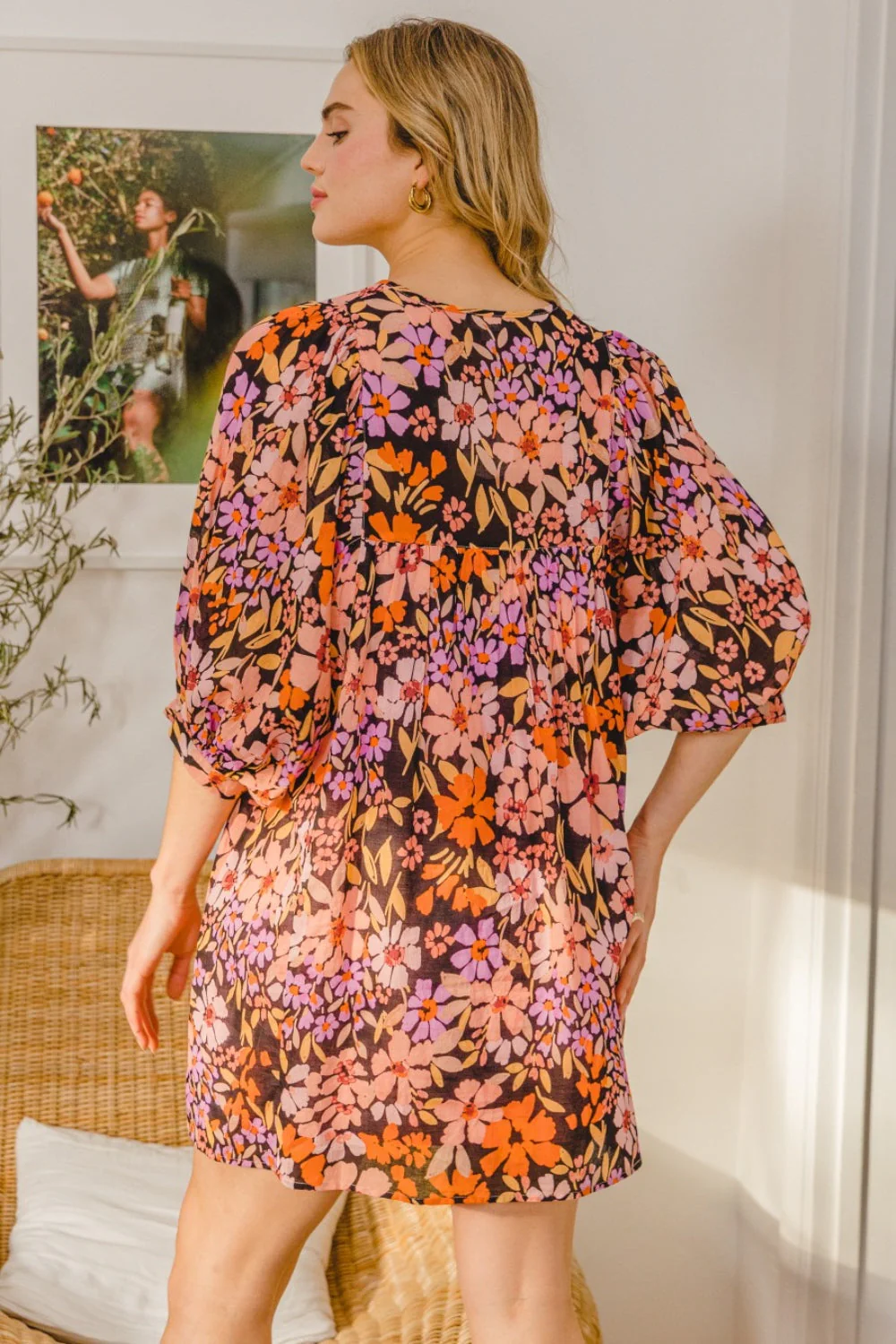 ODDI Full Size Floral Tied Neck Mini Dress - Image 2