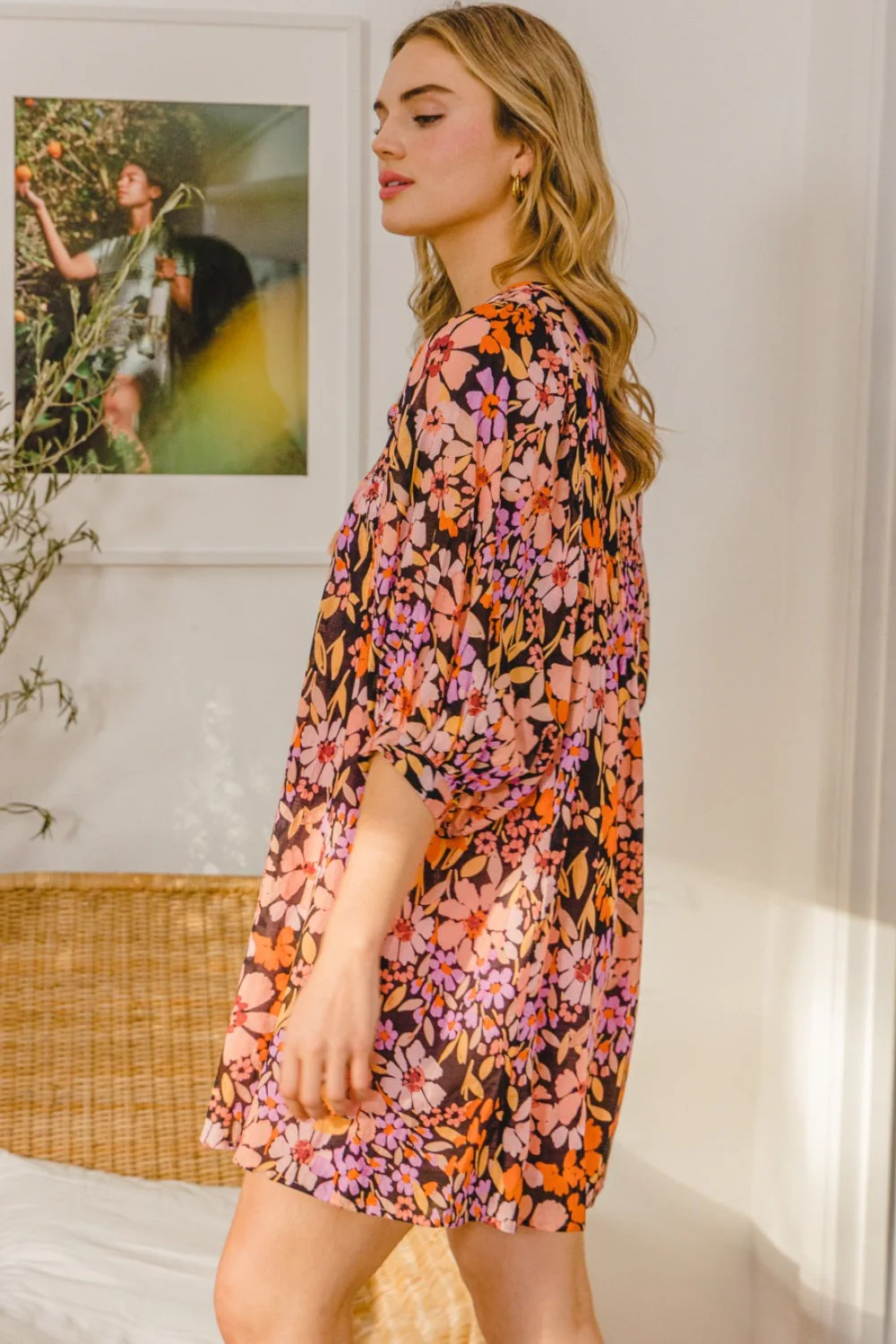 ODDI Full Size Floral Tied Neck Mini Dress - Image 3
