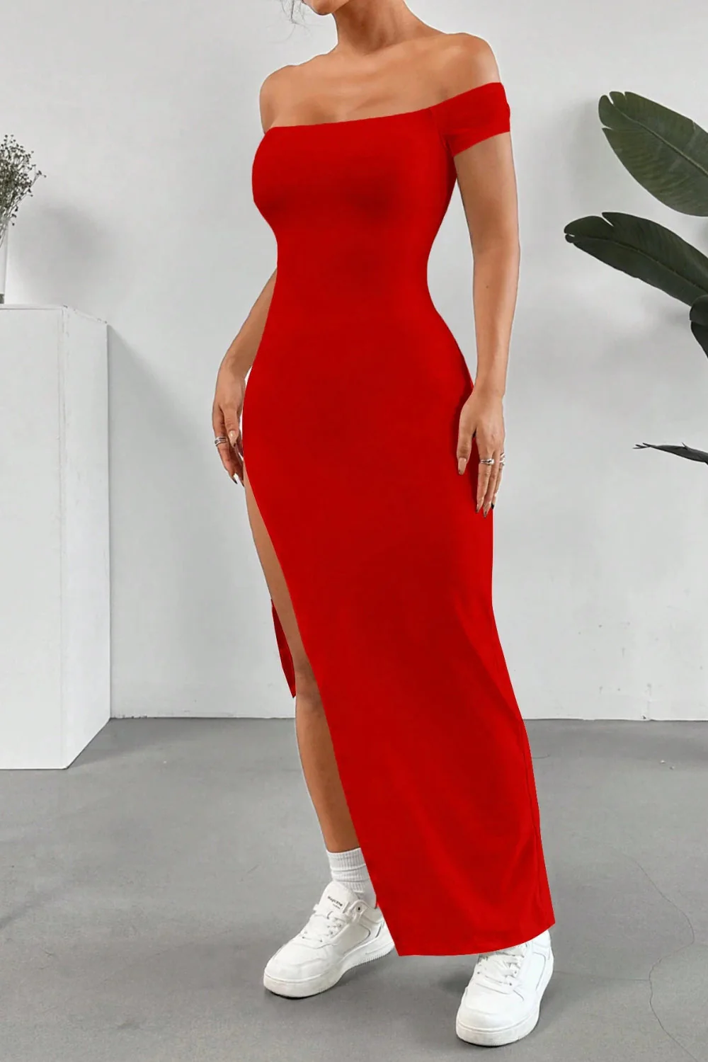 Off Shoulder Slit Maxi Dress - Image 11