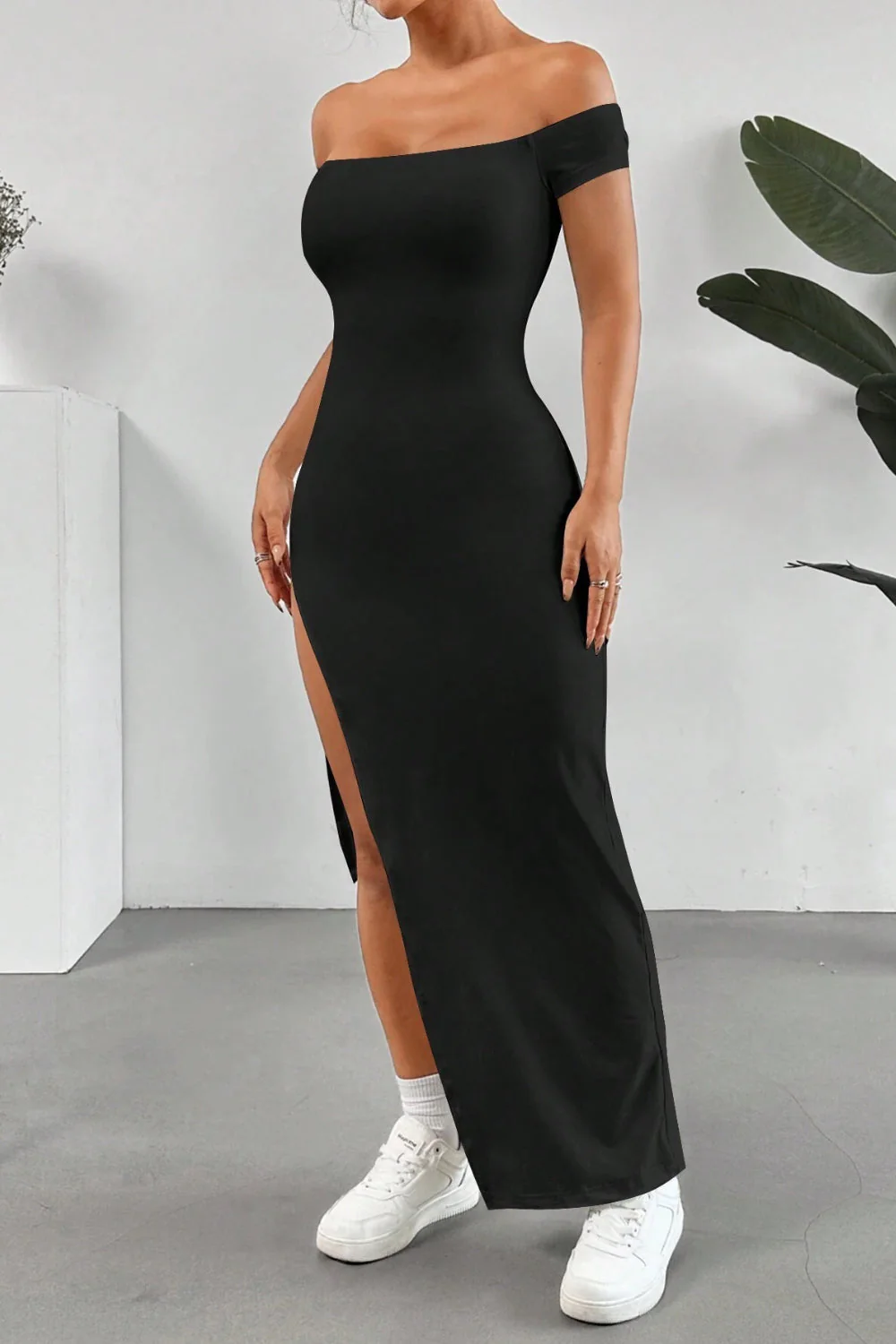 Off Shoulder Slit Maxi Dress - Image 3