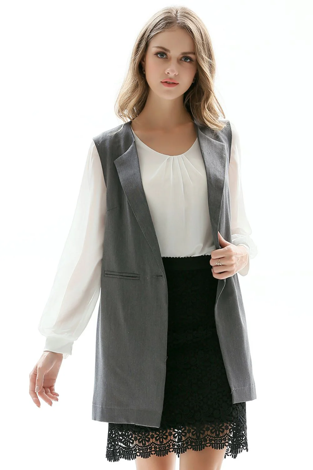 One-Button Sleeveless Longline Blazer - Image 3
