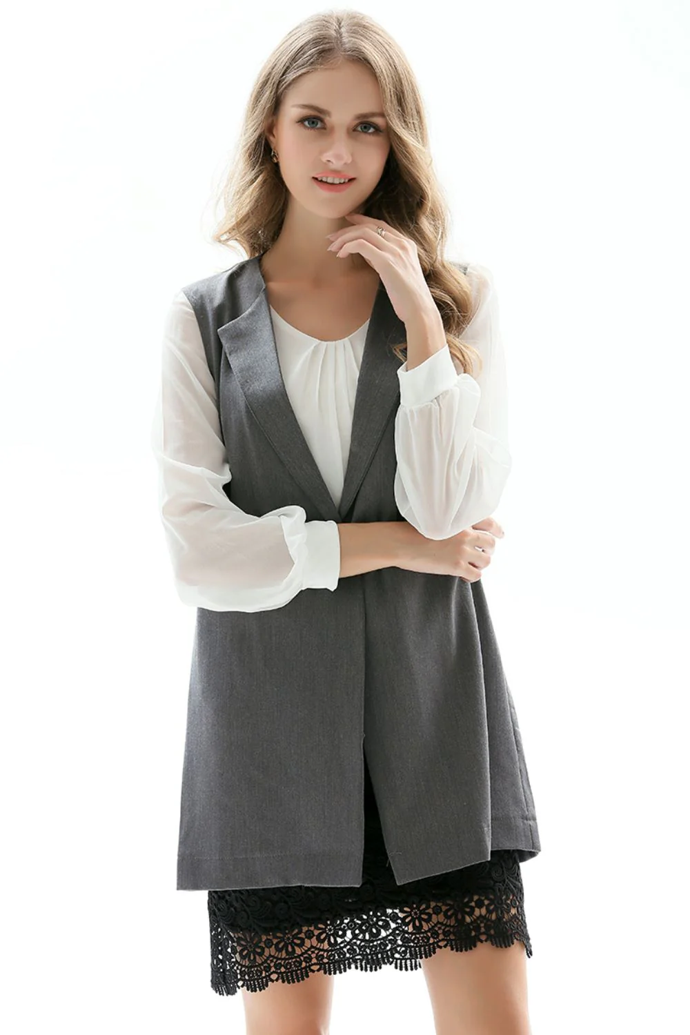 One-Button Sleeveless Longline Blazer - Image 4