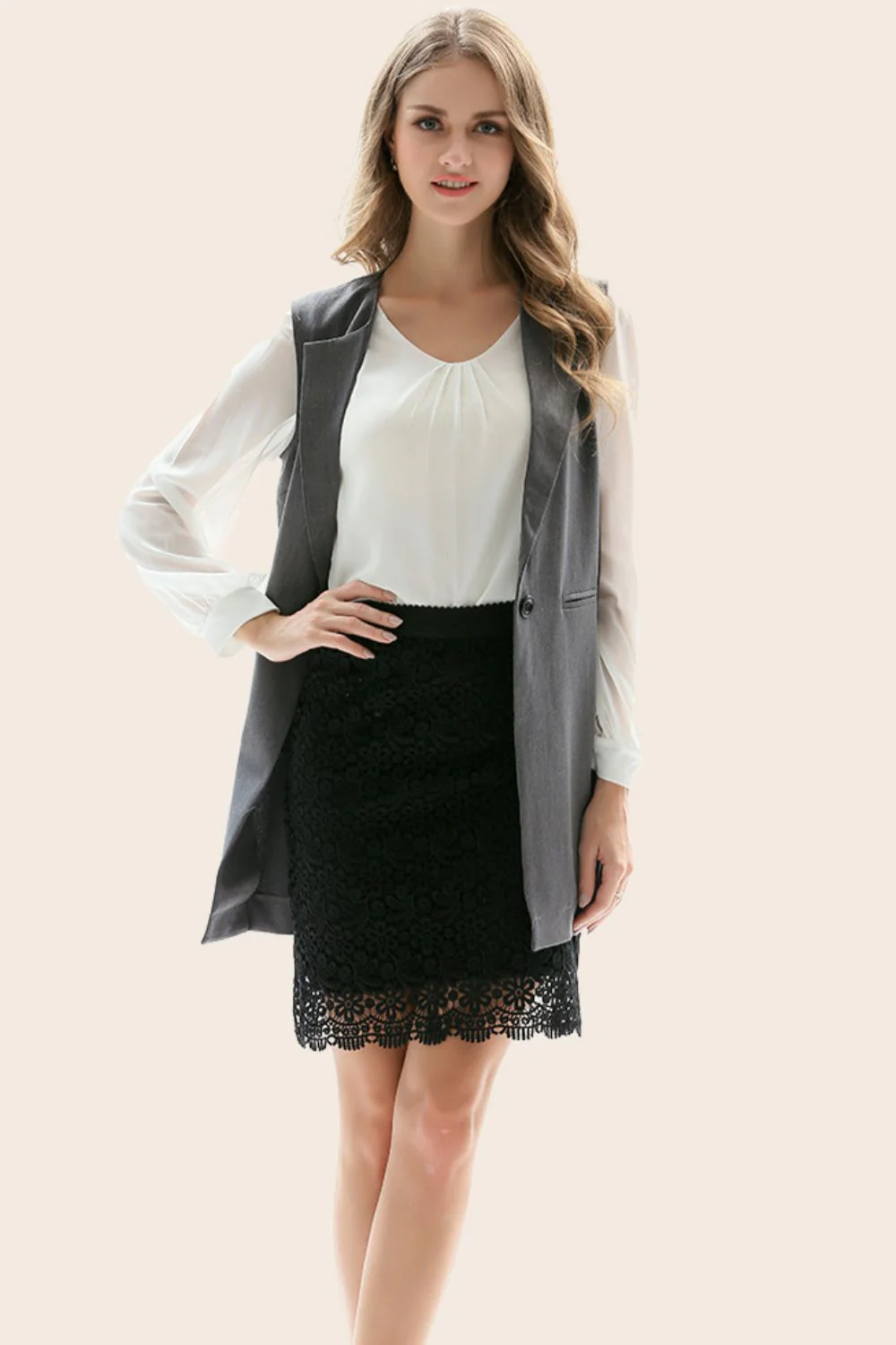 One-Button Sleeveless Longline Blazer - Image 5