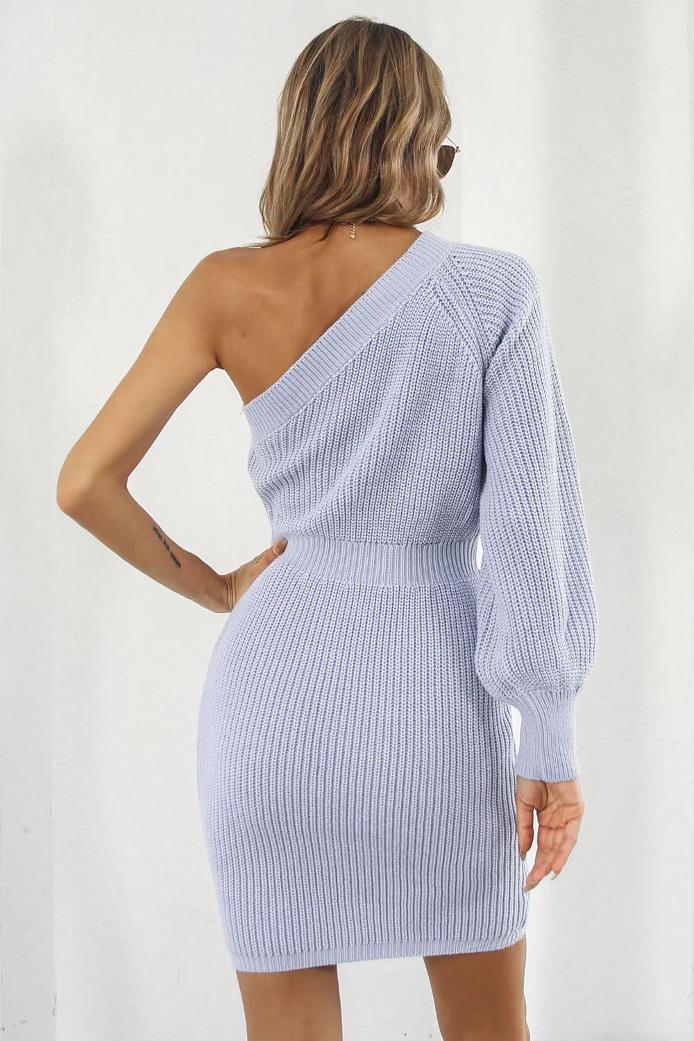 One Shoulder Raglan Sleeve Pencil Sweater Dress - Image 2