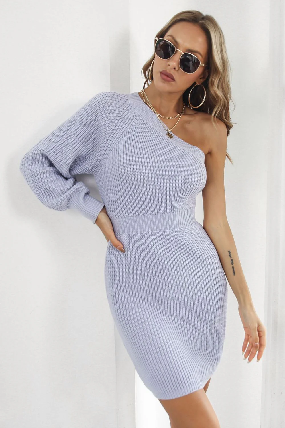 One Shoulder Raglan Sleeve Pencil Sweater Dress - Image 4