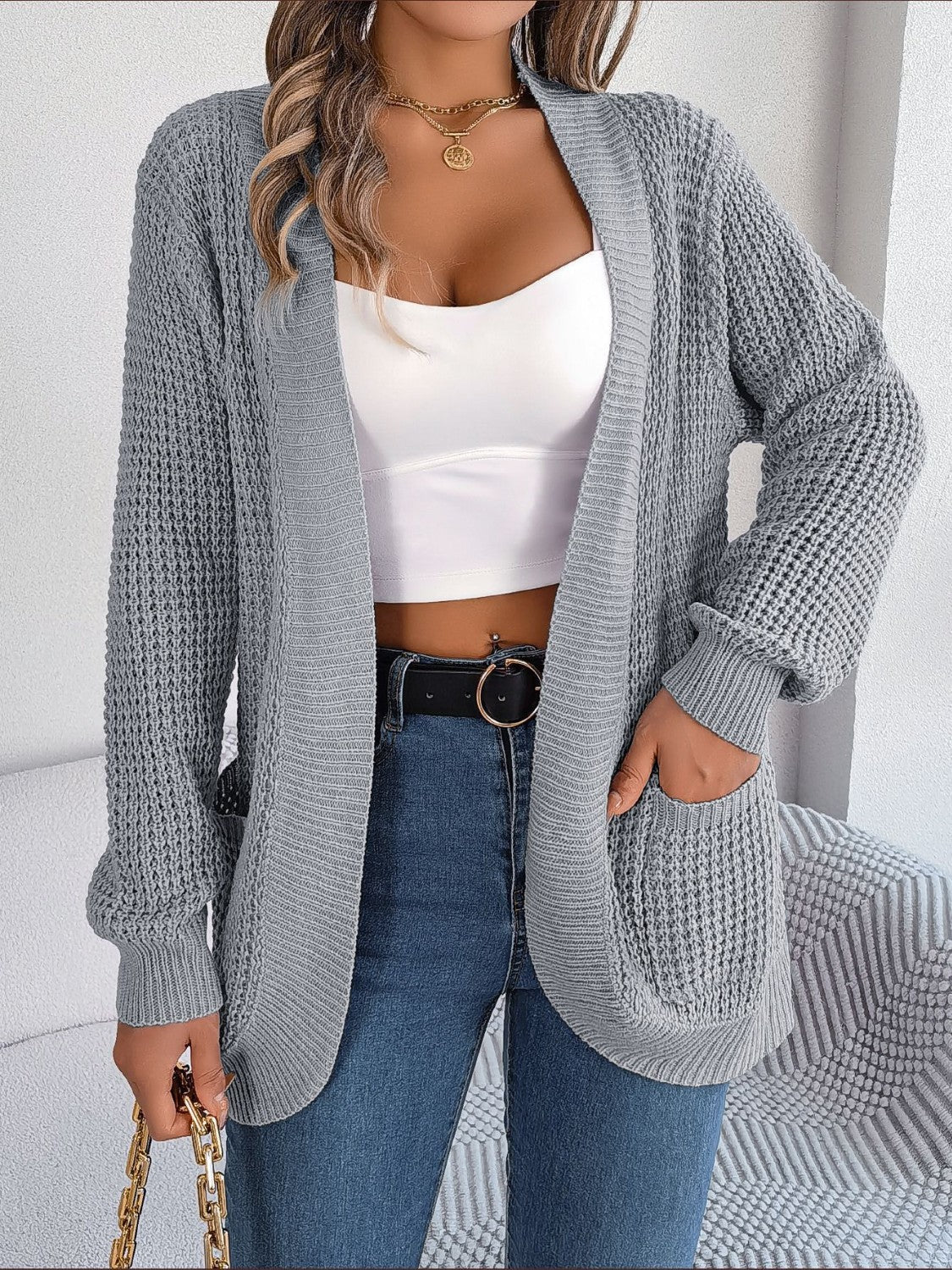 Open Front Long Sleeve Cardigan with Pockets - Image 10