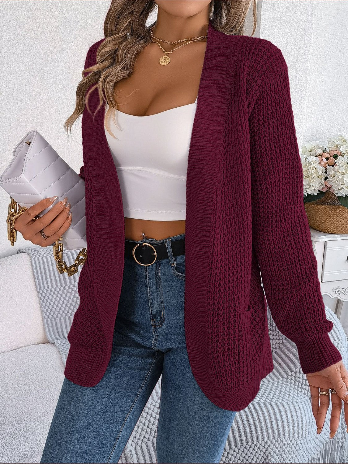 Open Front Long Sleeve Cardigan with Pockets - Image 3