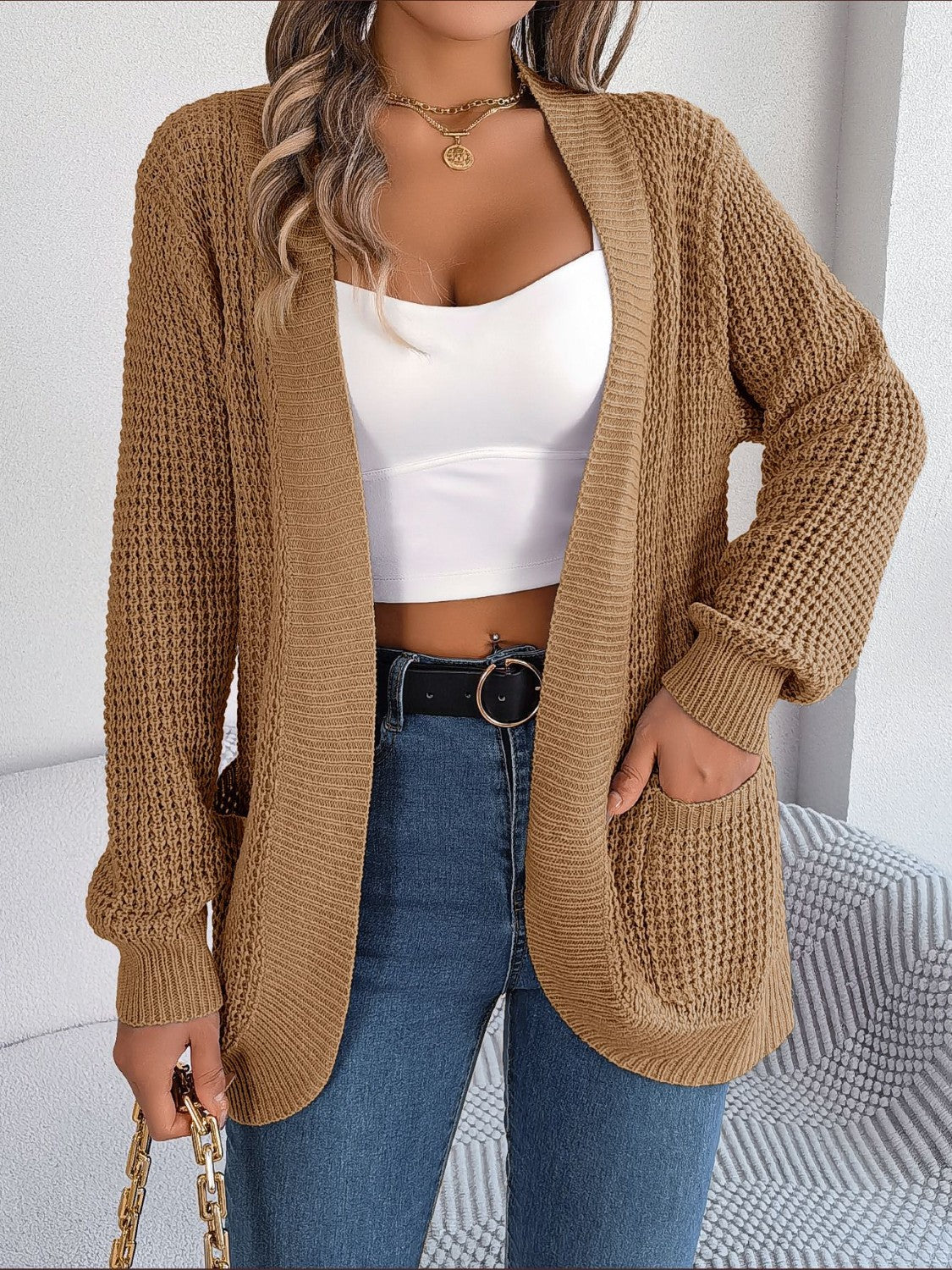 Open Front Long Sleeve Cardigan with Pockets - Image 7