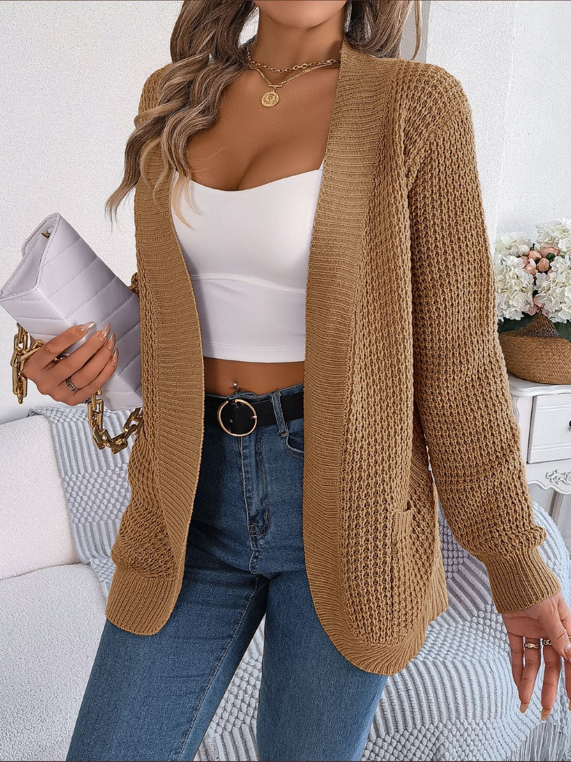 Open Front Long Sleeve Cardigan with Pockets - Image 8