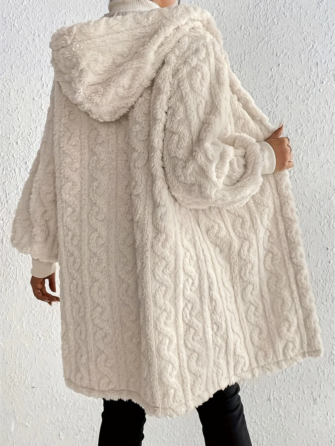 Open Front Long Sleeve Fuzzy Hooded Jacket - Image 2