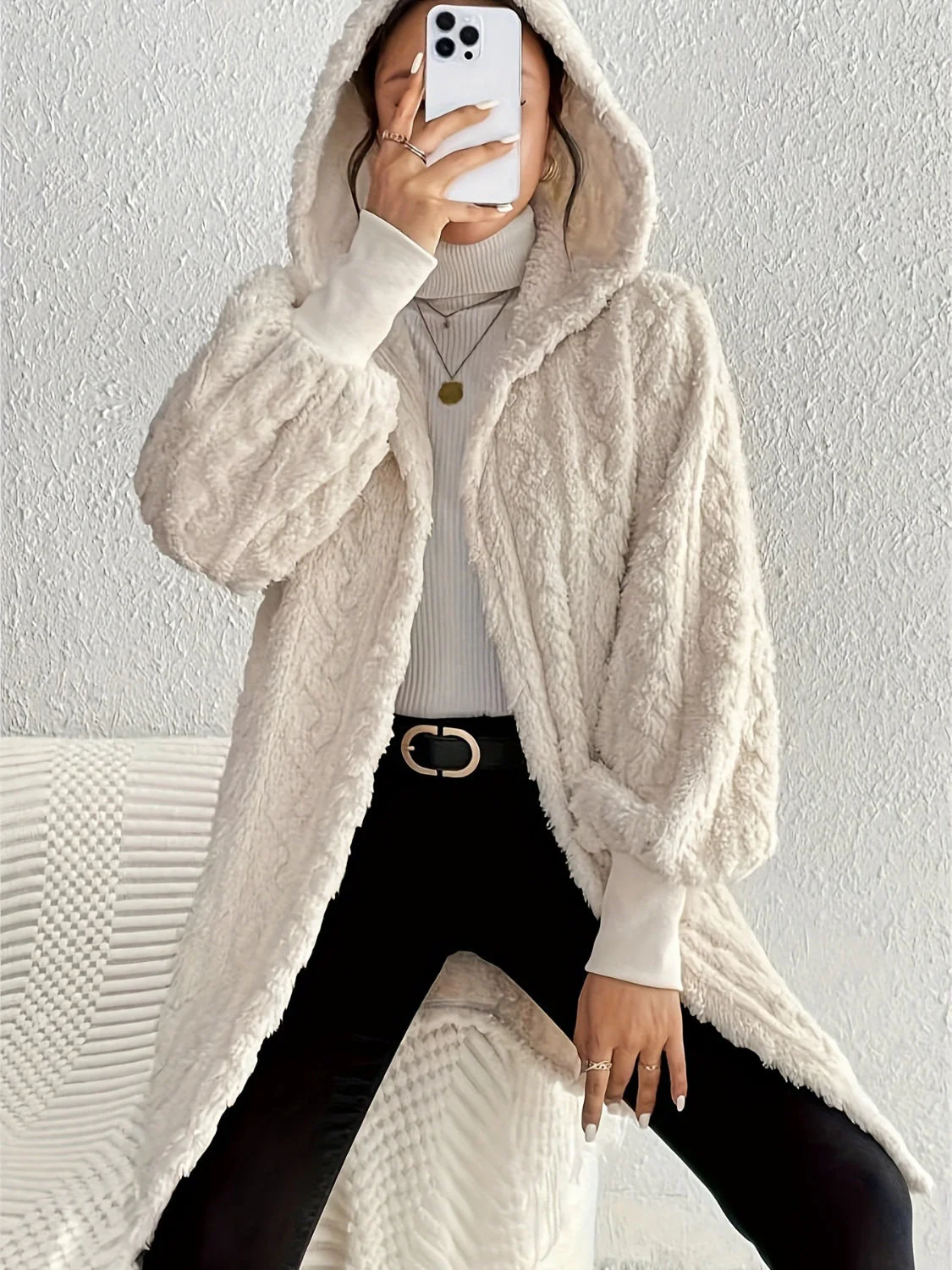 Open Front Long Sleeve Fuzzy Hooded Jacket - Image 3