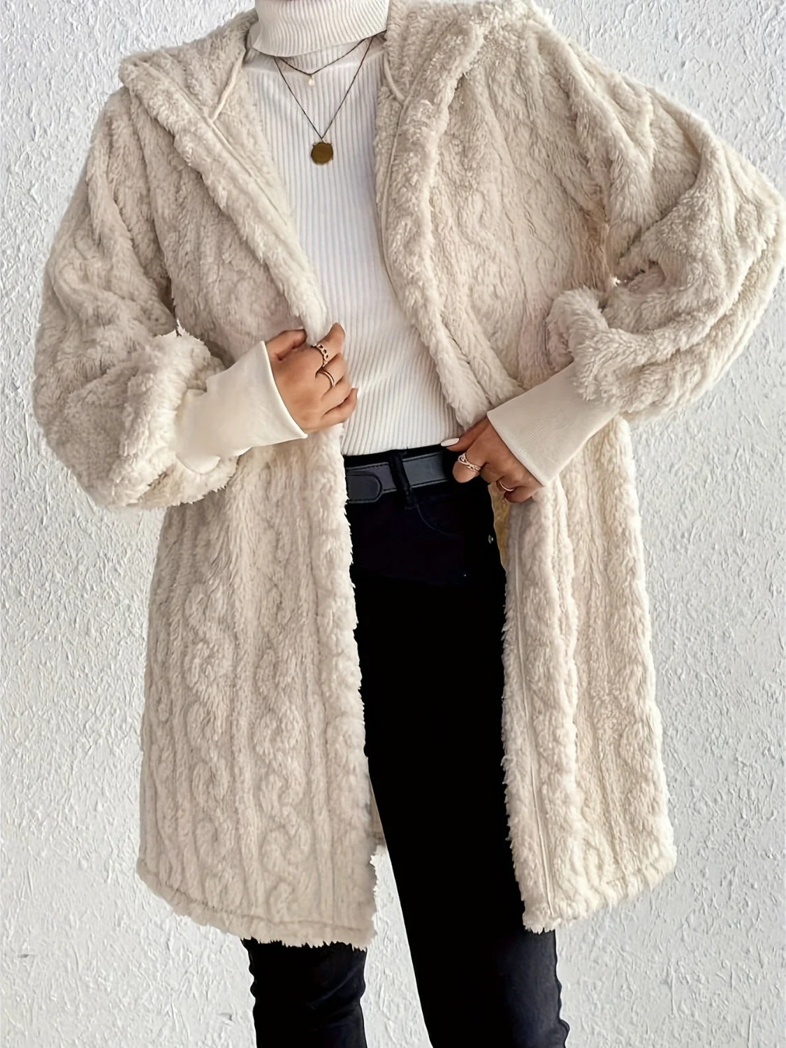 Open Front Long Sleeve Fuzzy Hooded Jacket - Image 5