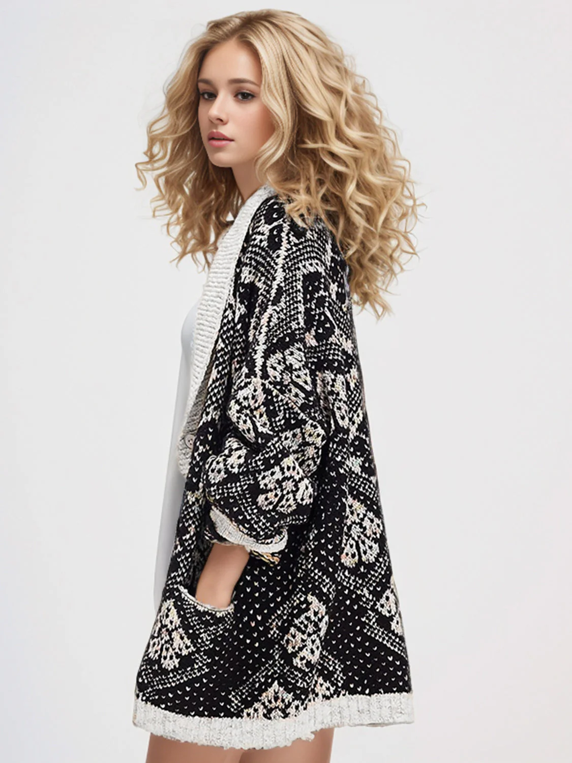 Open Front Long Sleeve Graphic Cardigan - Image 3