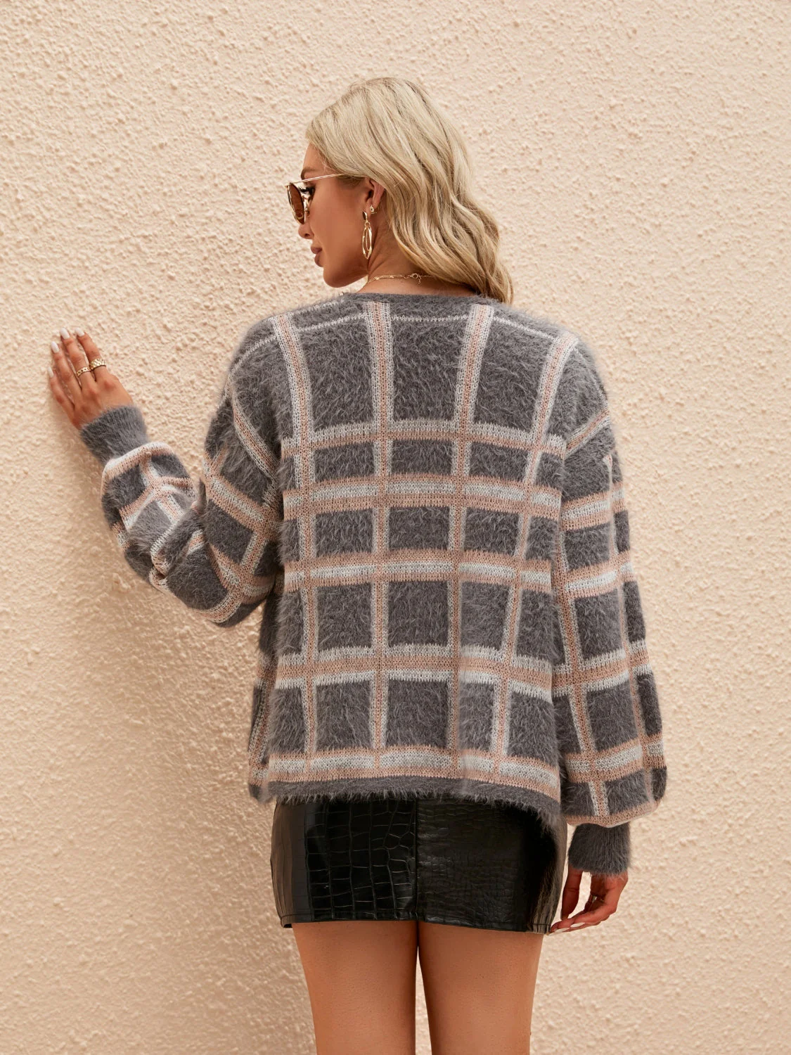 Open Front Plaid Long Sleeve Cardigan - Image 7