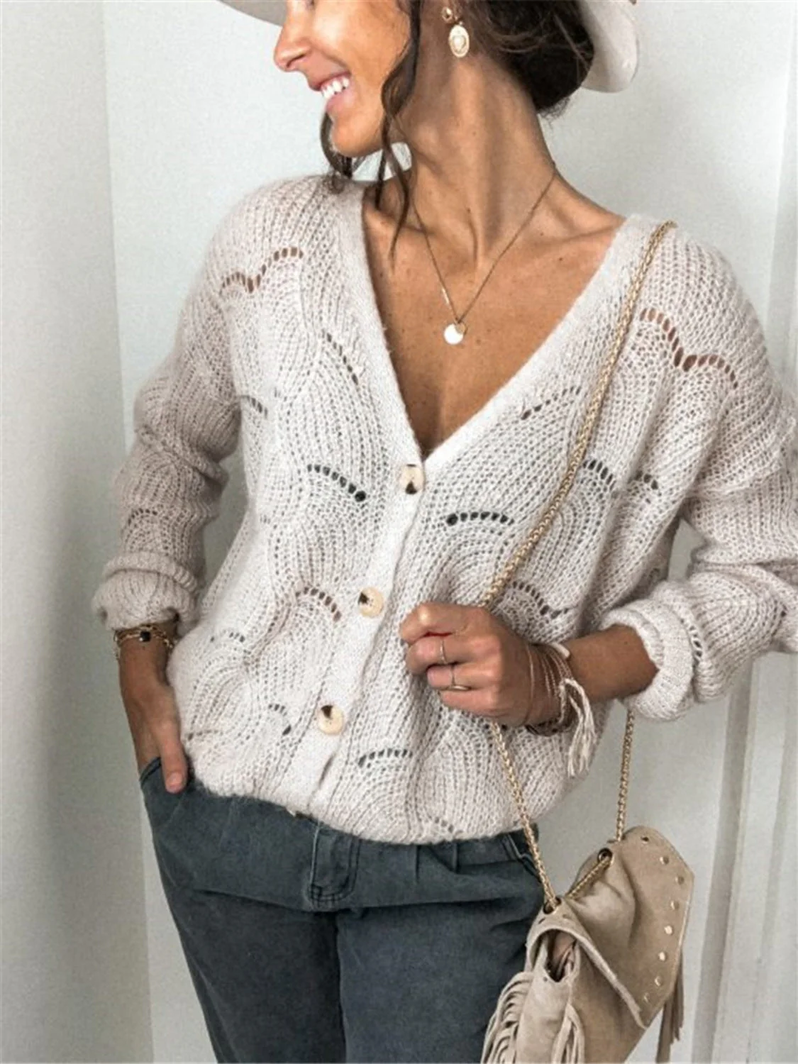 Openwork Button Up Long Sleeve Cardigan - Image 3