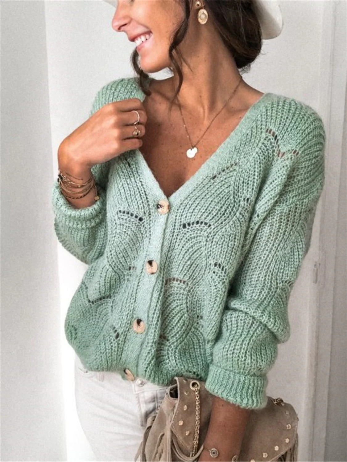 Openwork Button Up Long Sleeve Cardigan - Image 4