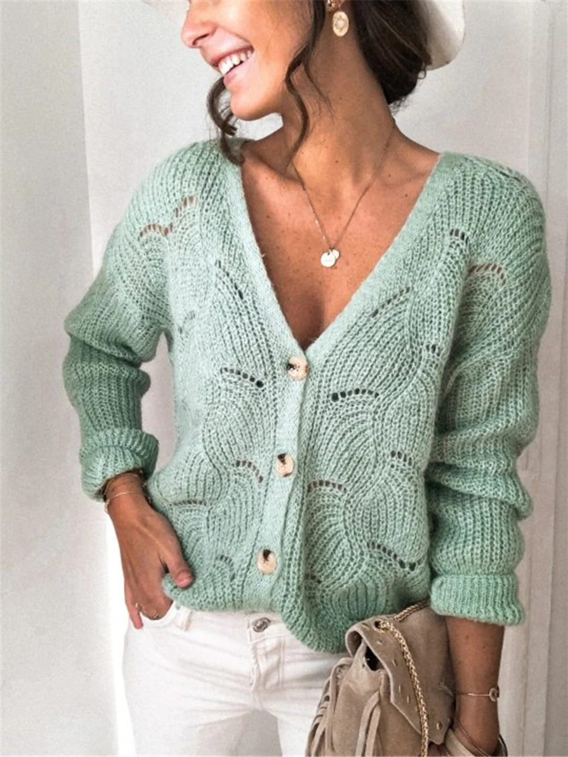 Openwork Button Up Long Sleeve Cardigan - Image 5