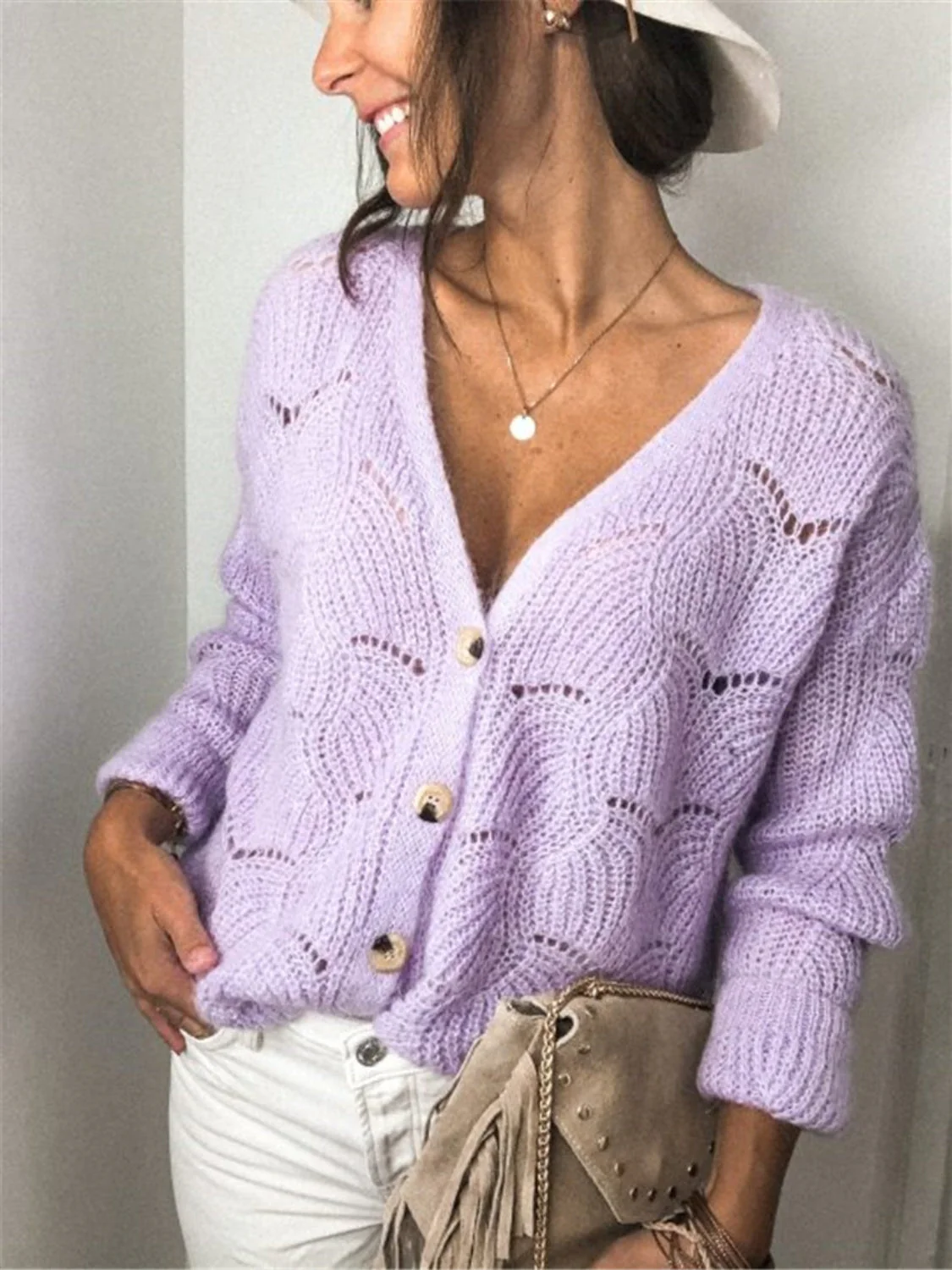 Openwork Button Up Long Sleeve Cardigan - Image 7