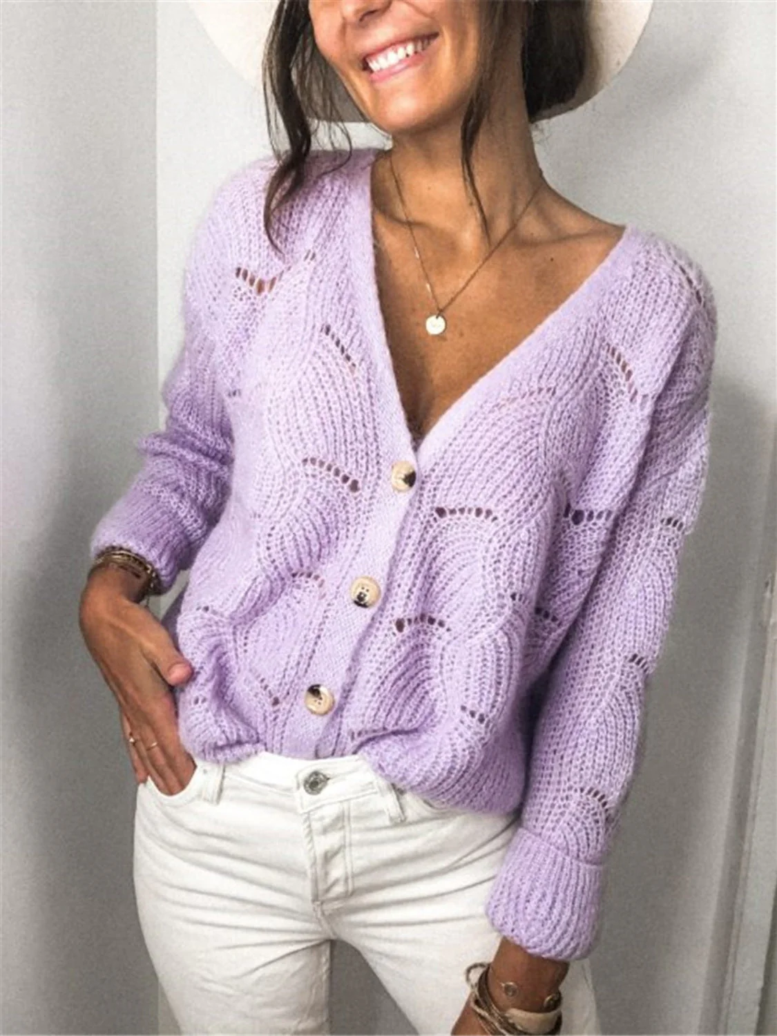 Openwork Button Up Long Sleeve Cardigan - Image 8