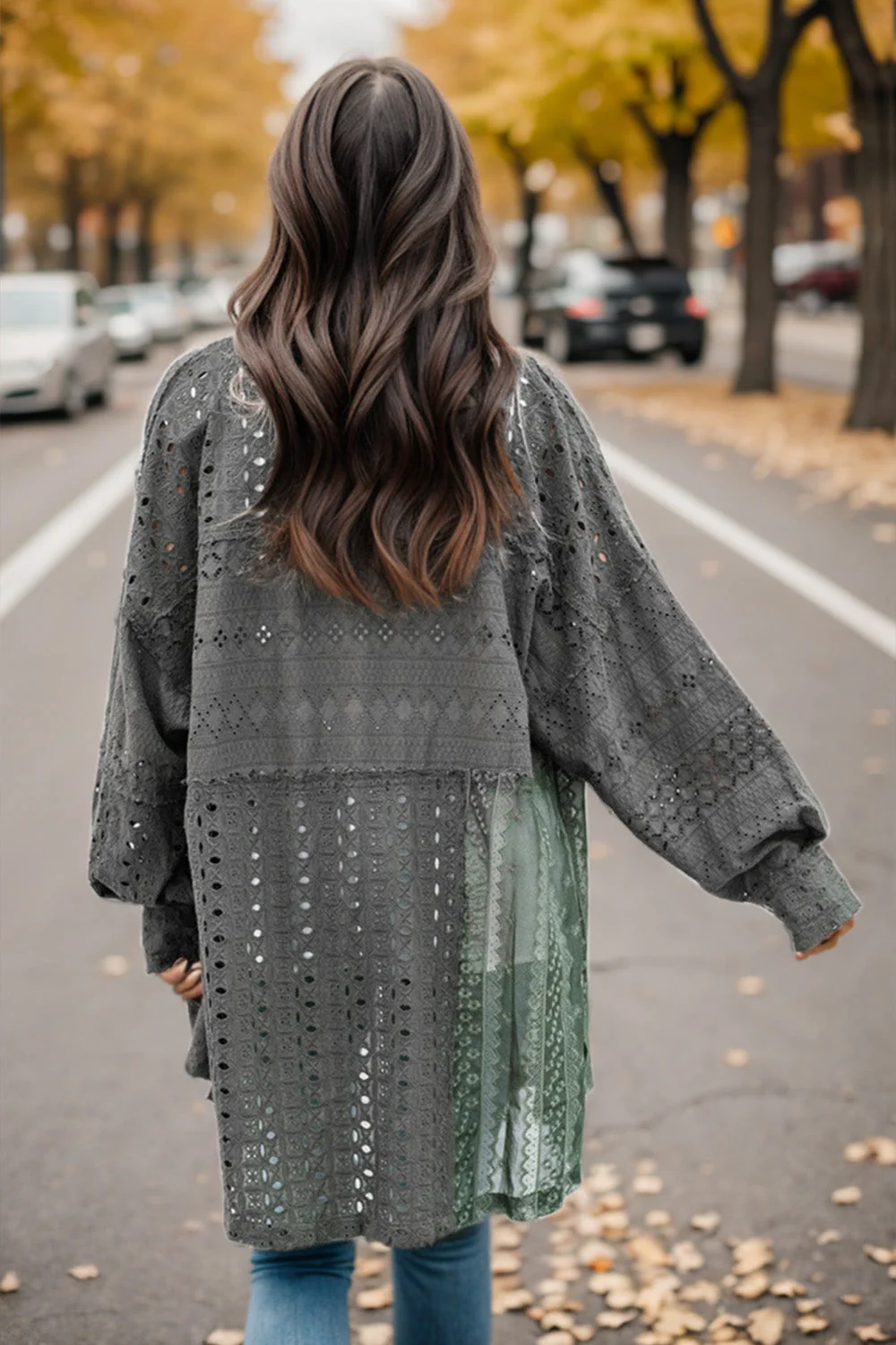Openwork Button Up Long Sleeve Shacket - Image 2
