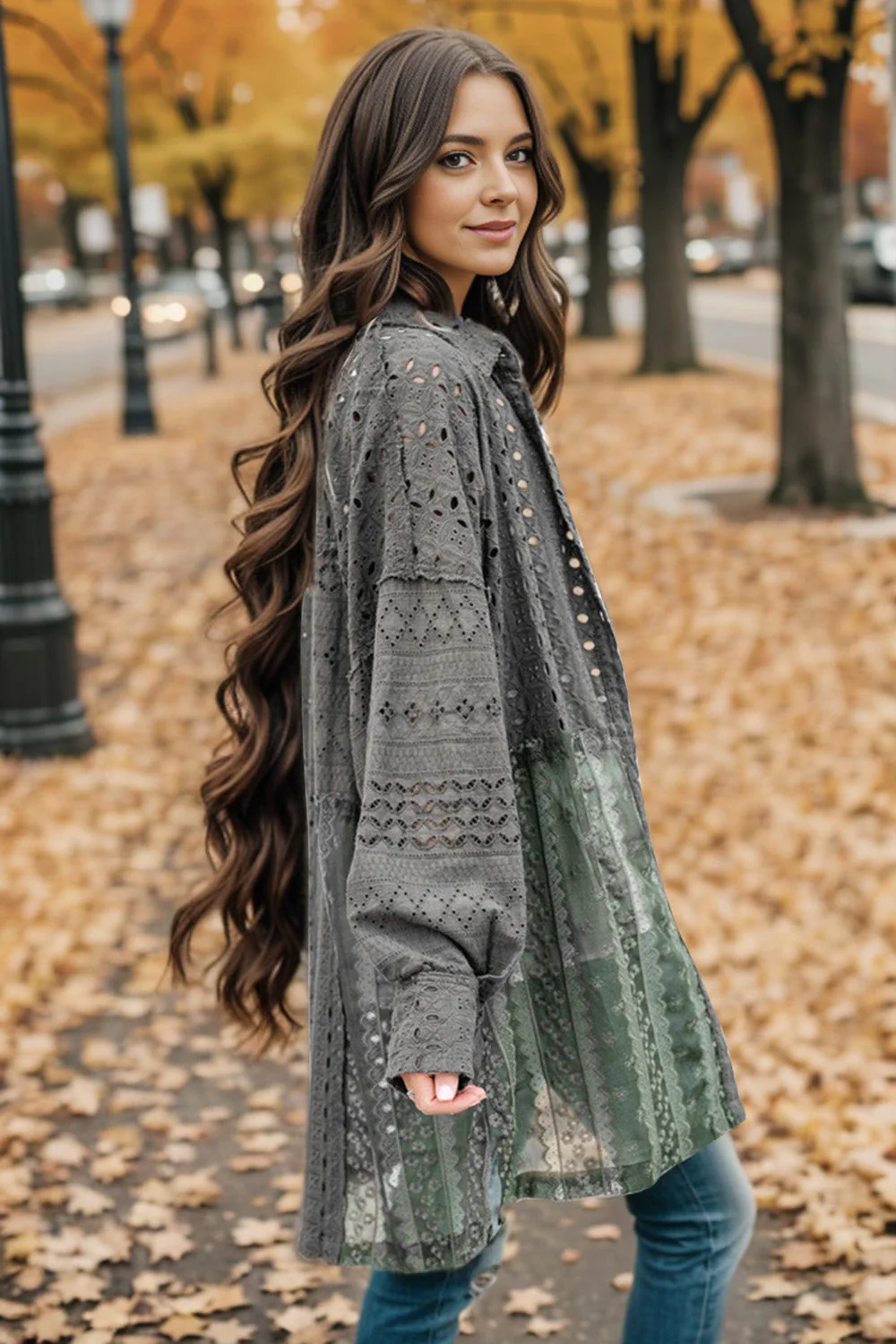 Openwork Button Up Long Sleeve Shacket - Image 3