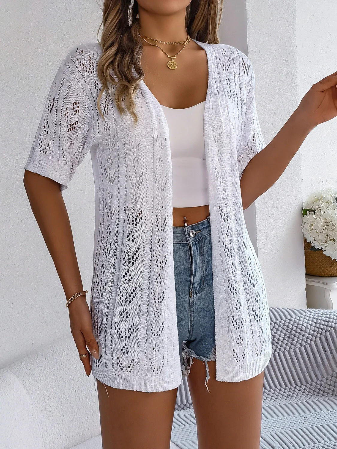 Openwork Open Front Half Sleeve Cardigan - Image 10