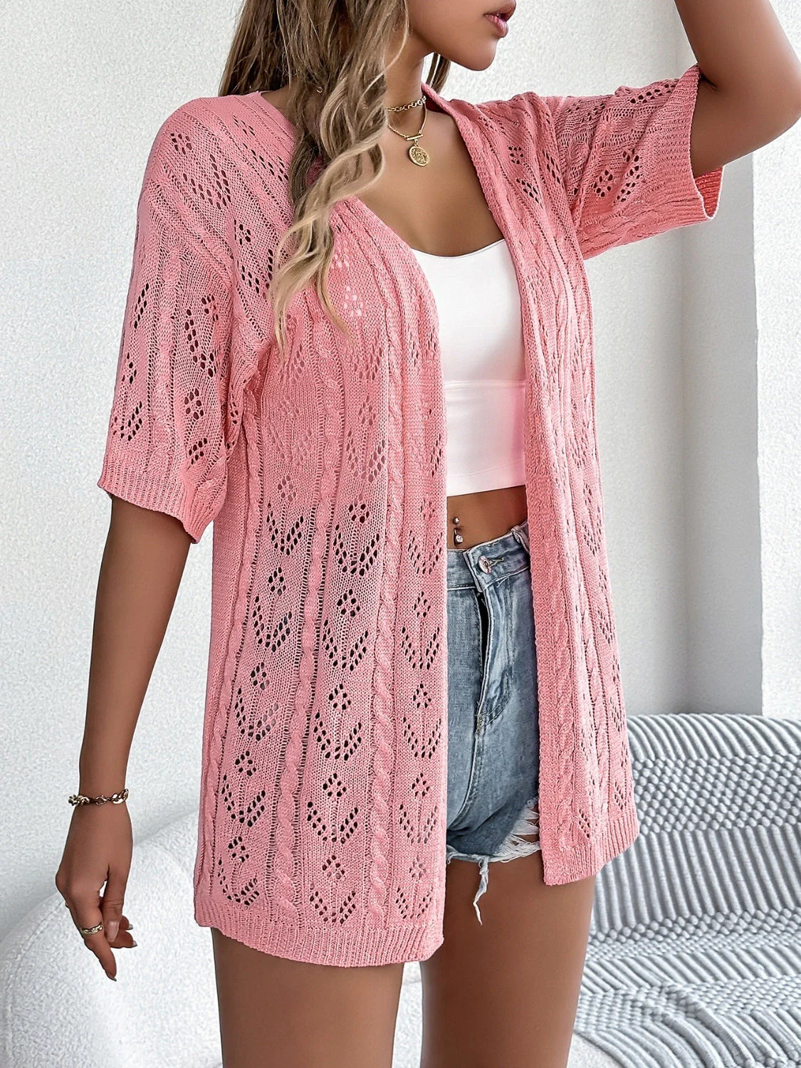 Openwork Open Front Half Sleeve Cardigan - Image 5