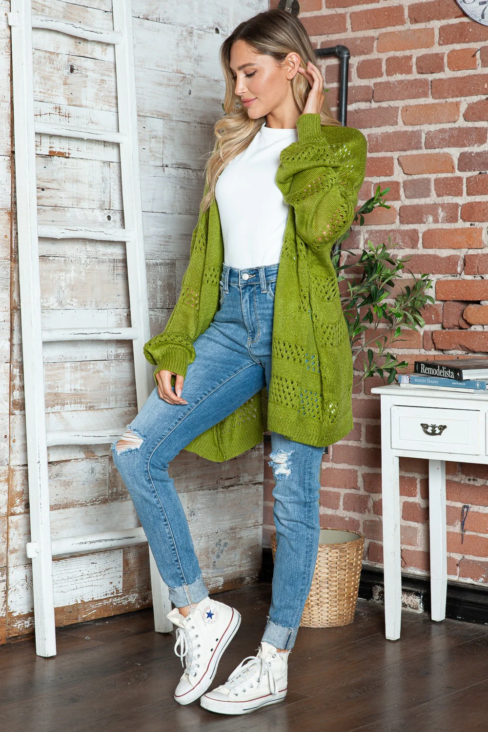 Openwork Open Front Long Sleeve Cardigan - Image 15
