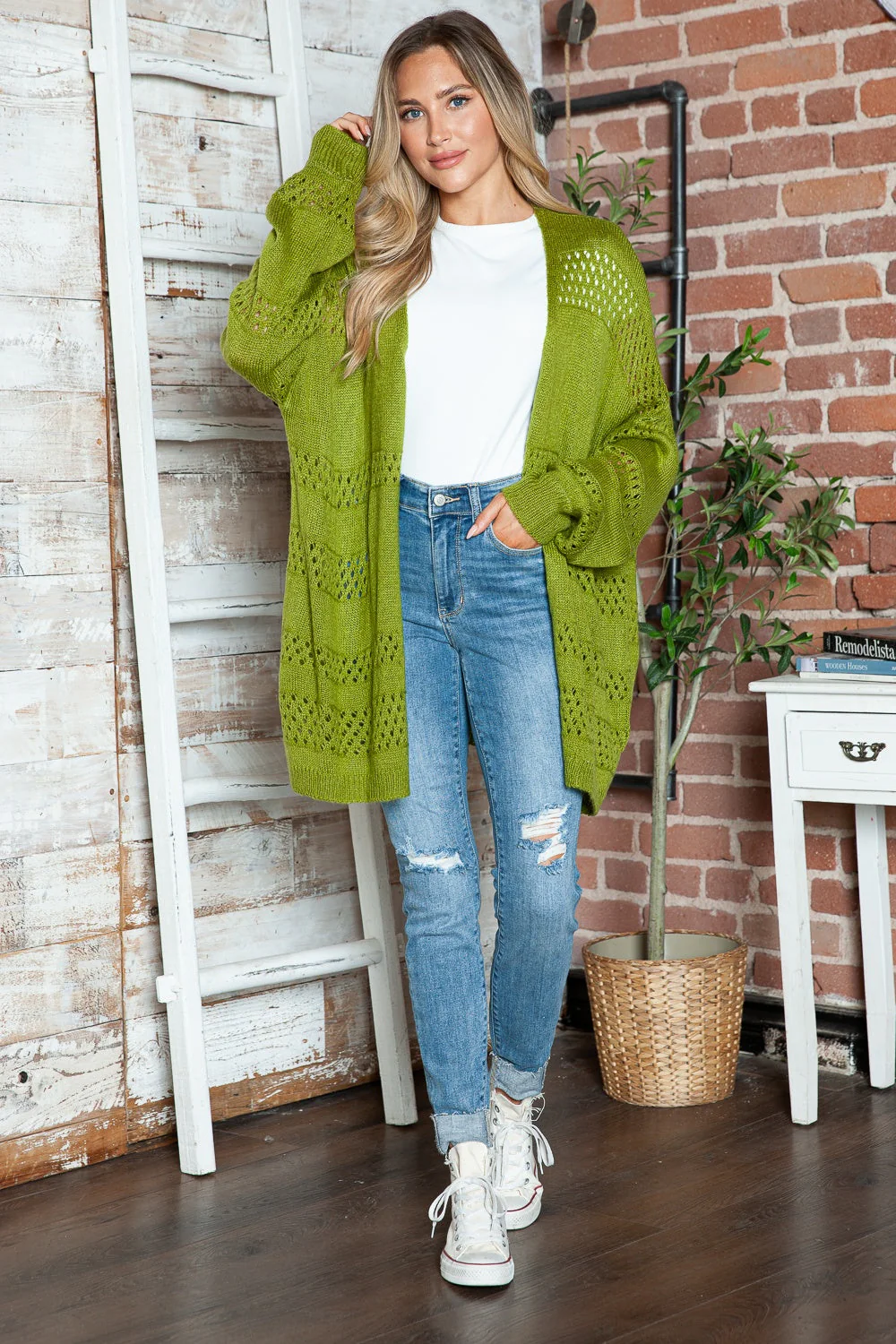 Openwork Open Front Long Sleeve Cardigan - Image 16