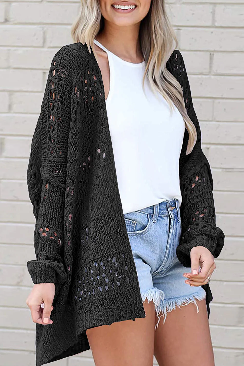 Openwork Open Front Long Sleeve Cardigan - Image 19