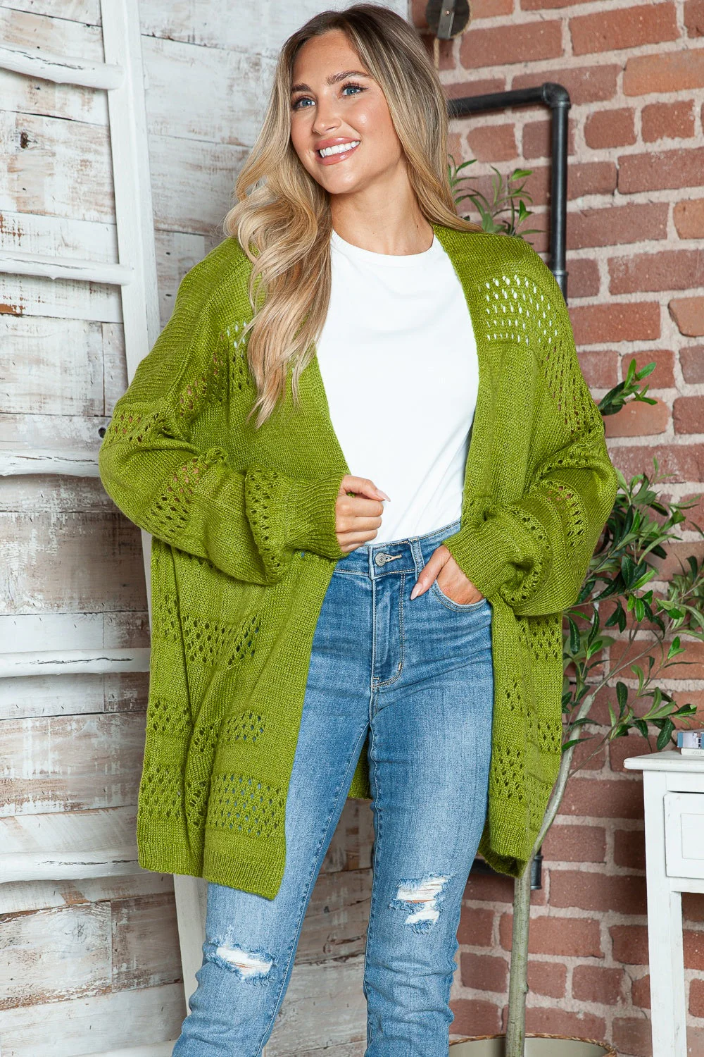 Openwork Open Front Long Sleeve Cardigan - Image 2
