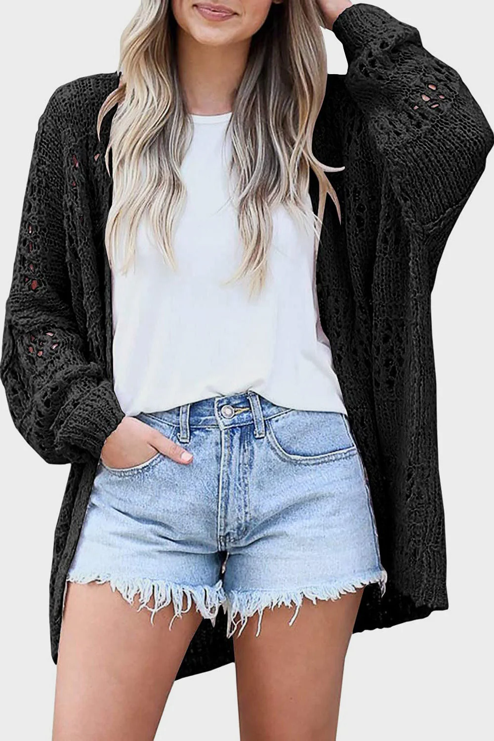 Openwork Open Front Long Sleeve Cardigan - Image 20
