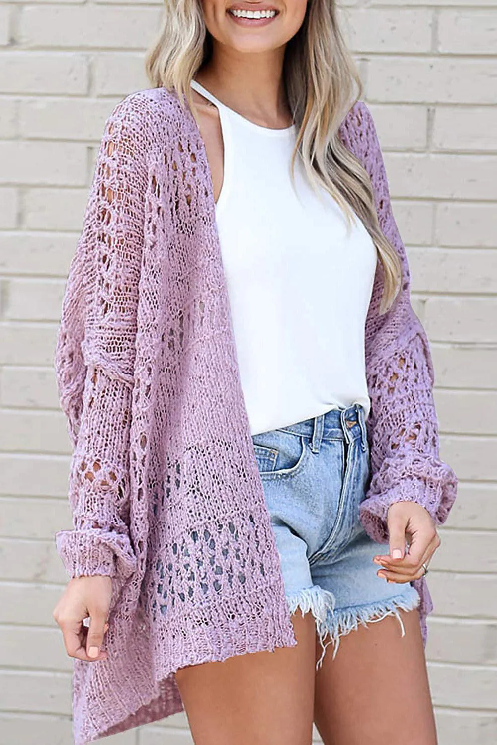 Openwork Open Front Long Sleeve Cardigan - Image 22