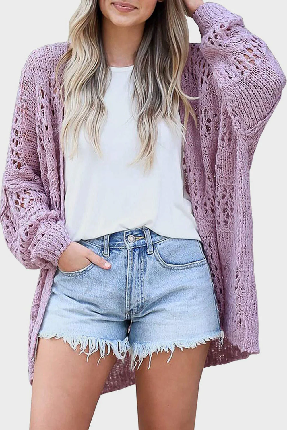 Openwork Open Front Long Sleeve Cardigan - Image 24