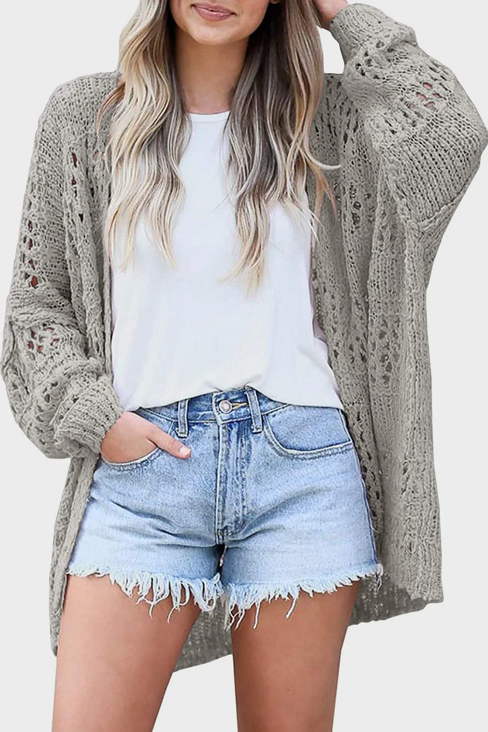 Openwork Open Front Long Sleeve Cardigan - Image 29